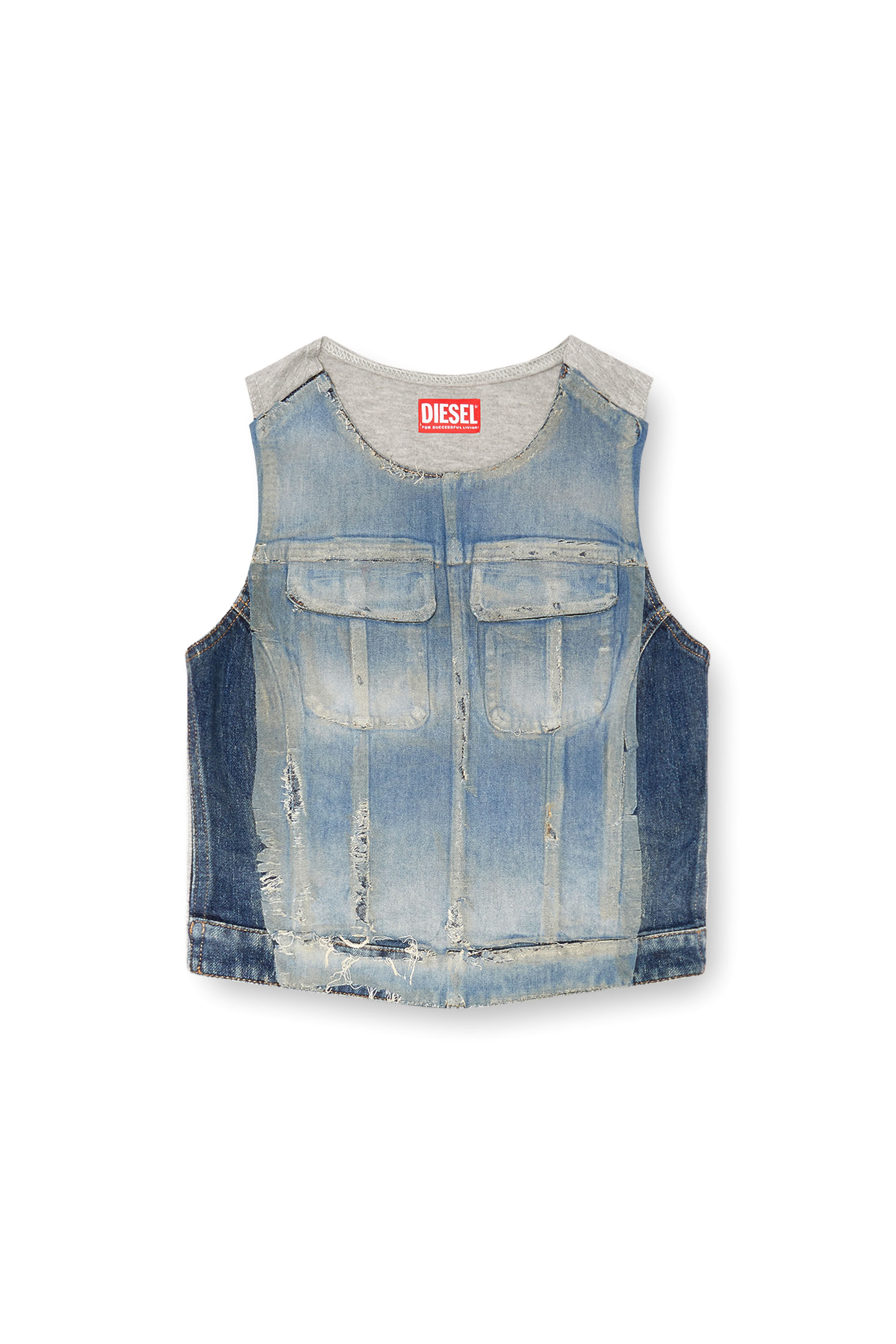 Diesel - DE-BENEDICTA-S, Woman's Top in peel-off denim and jersey in Light Blue - 2