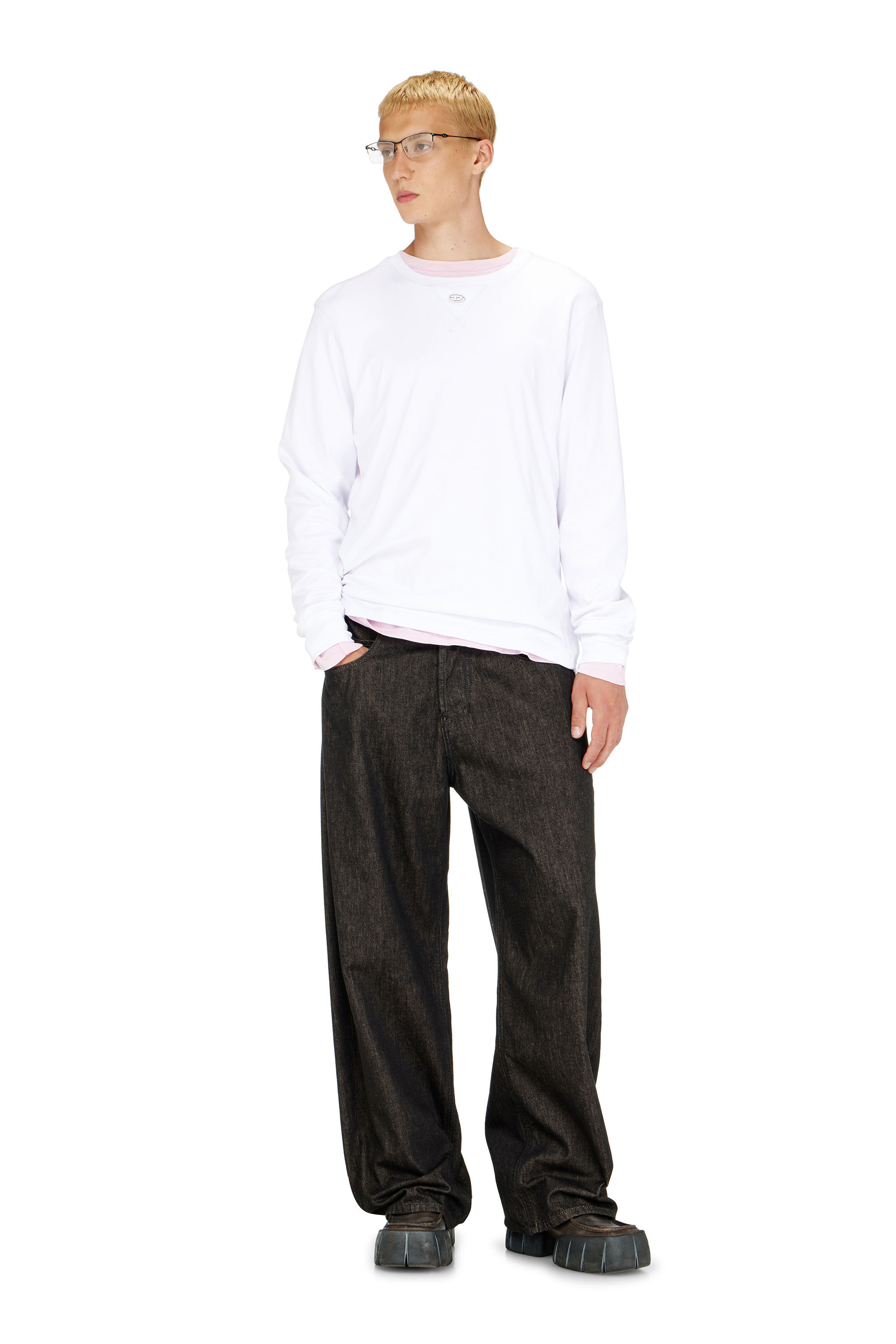 Diesel - T-MADJUST-LS-TR, Man's Cotton long-sleeve T-shirt with Oval D in White - 1
