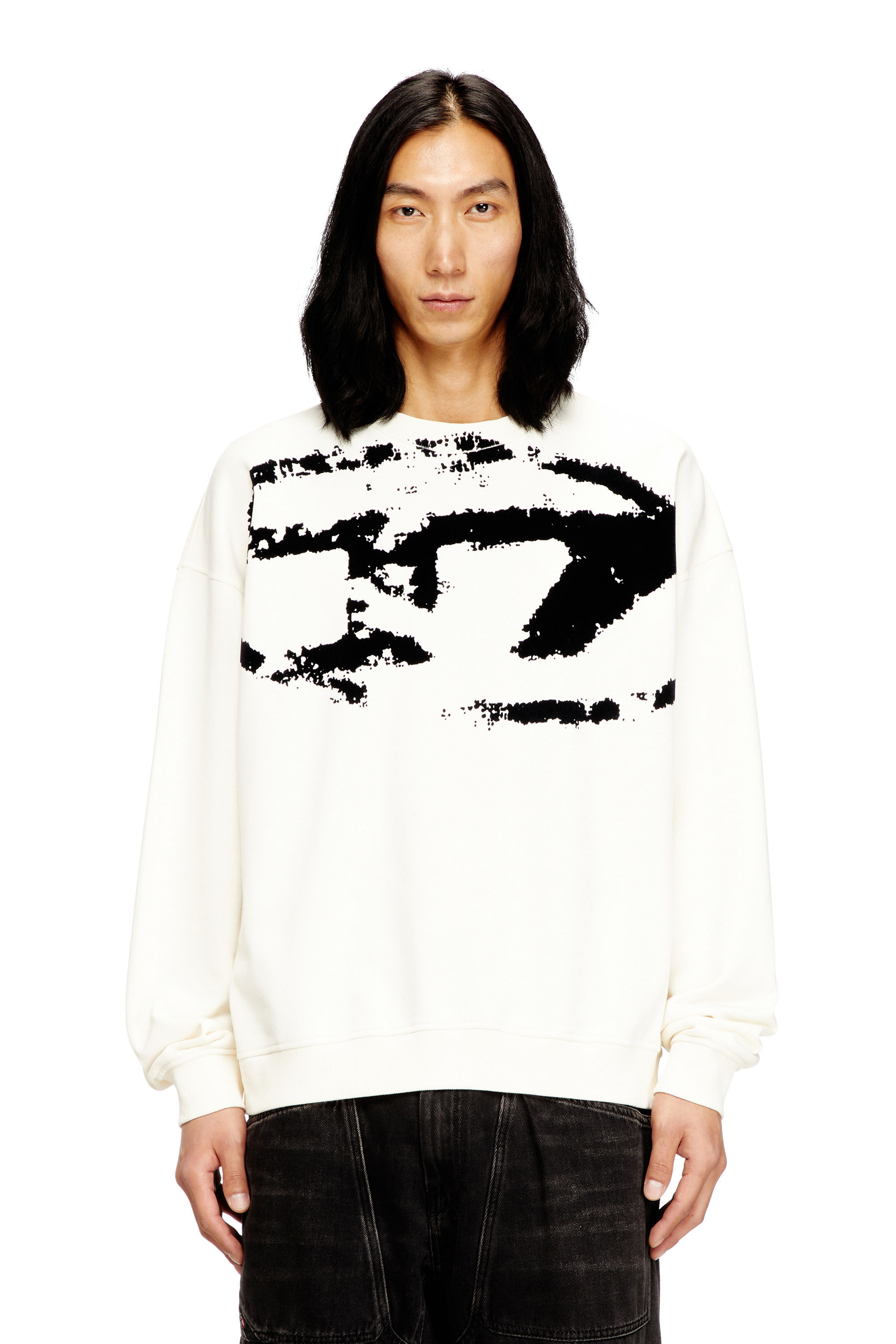 Diesel - S-BOXT-N5, Man's Sweatshirt with distressed flocked logo in White/Black - 3