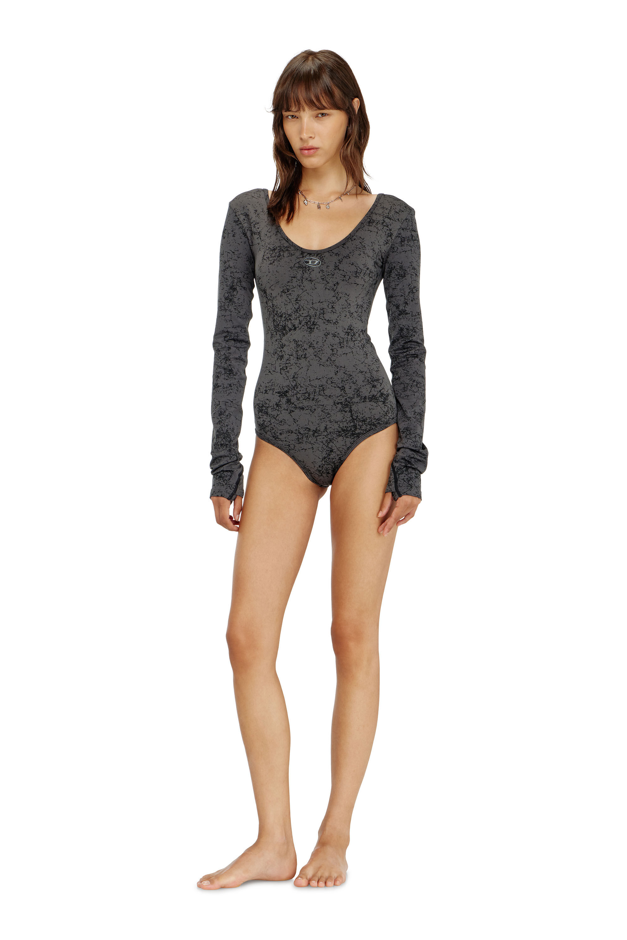 Diesel - IONNA-UTLT, Woman's Open-back bodysuit with utilitarian print in Black - 1