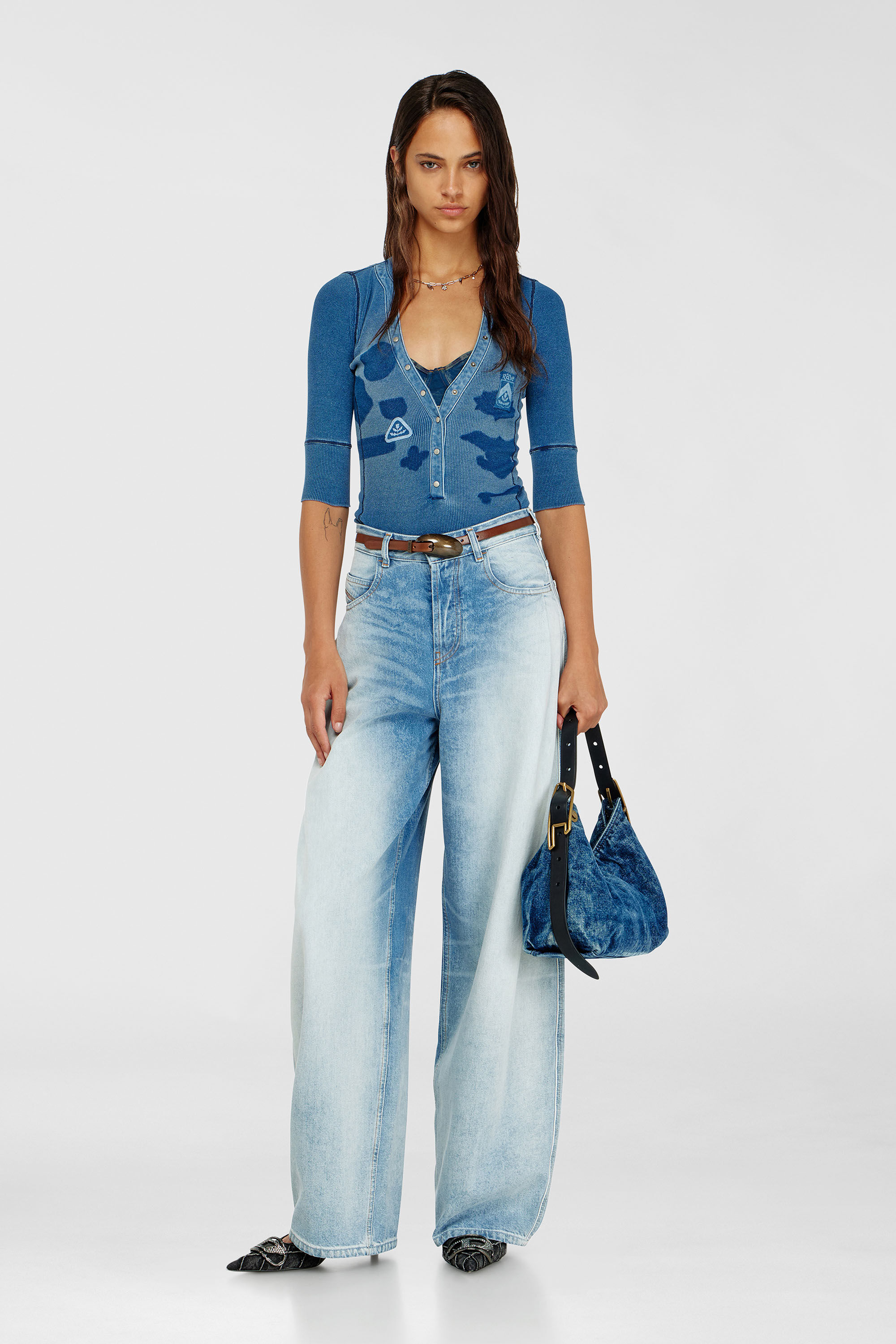 Diesel - T-EREME, Woman's Henley top with shadow-patch effects in Medium blue - 1
