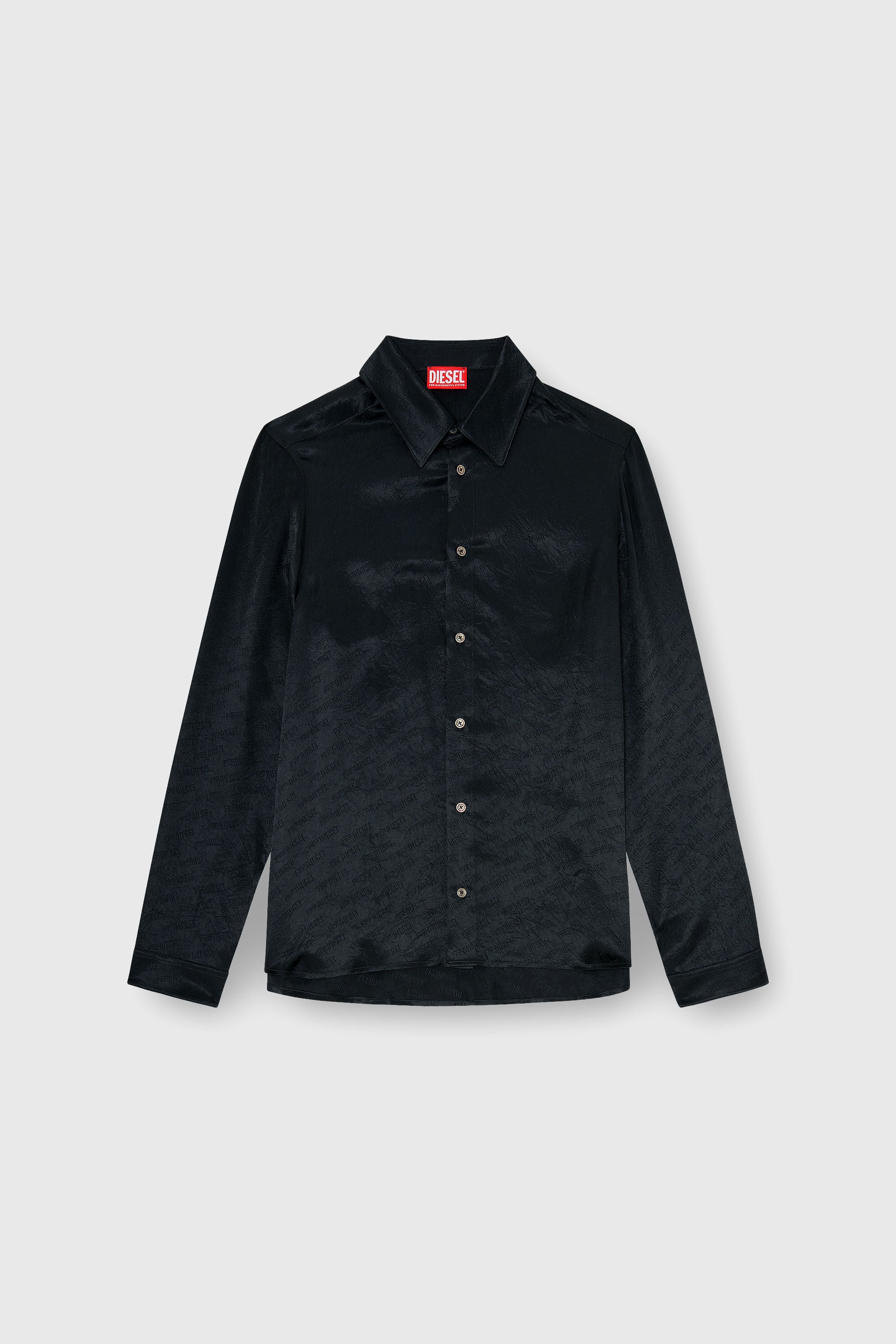 Diesel - S-KINNY-EFBZ, Man's Shirt in logo-jacquard crinkled satin in Black - 2