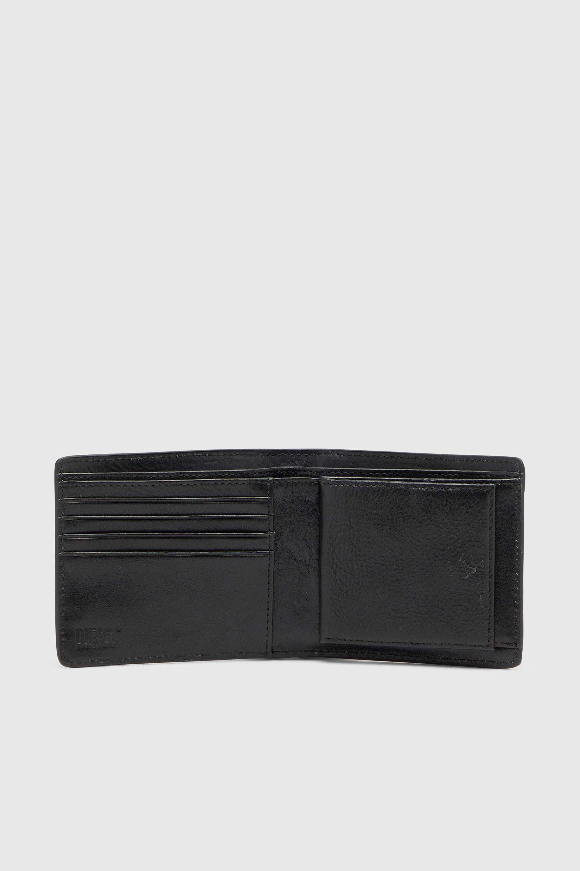 Diesel - FLAG-D BI-FOLD COIN S 3D, Man's Bi-fold leather wallet with embossed logo in Black - 3