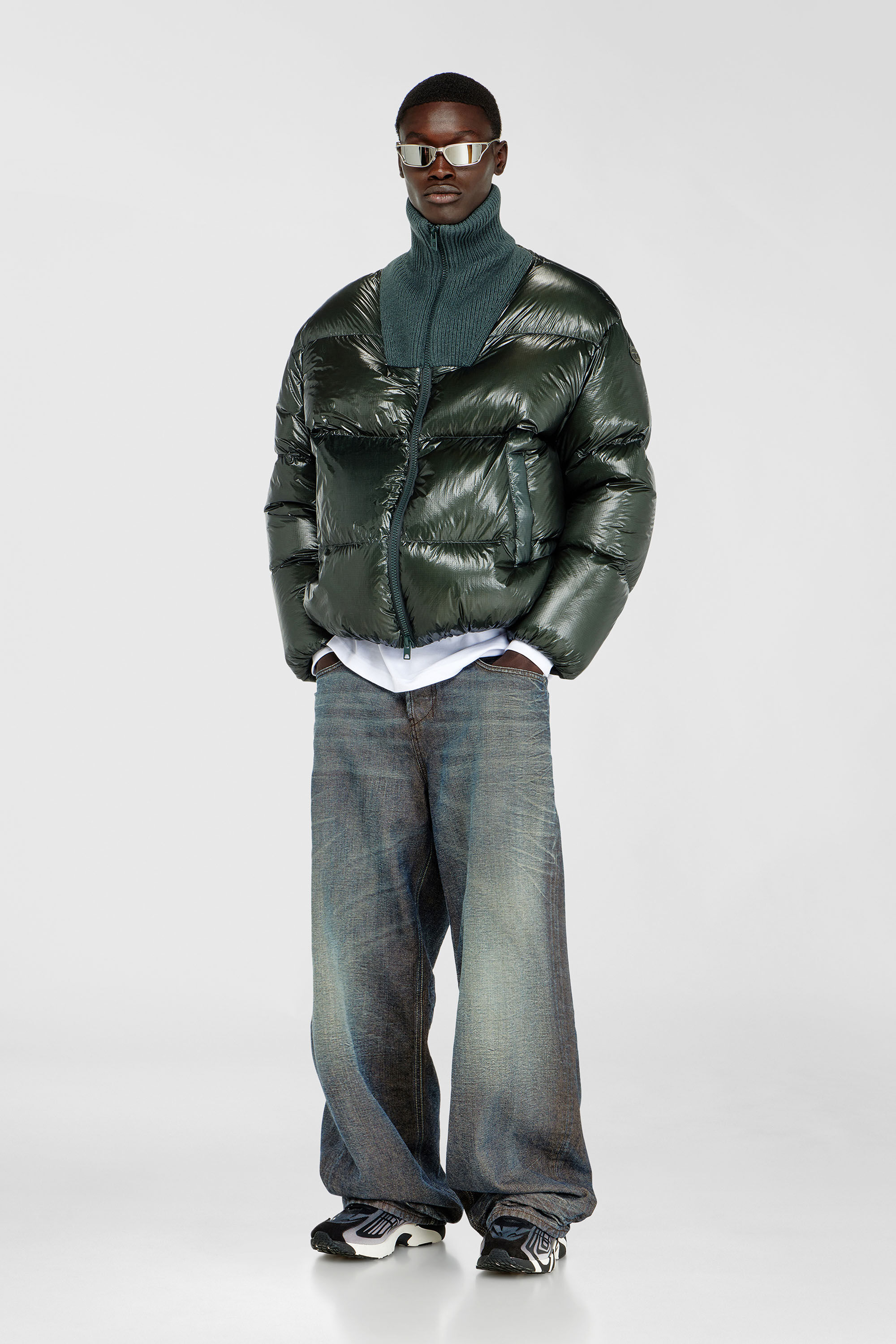 Diesel - W-RIBB, Man's Down puffer jacket in ripstop with ribbed collar in Dark Green - 1