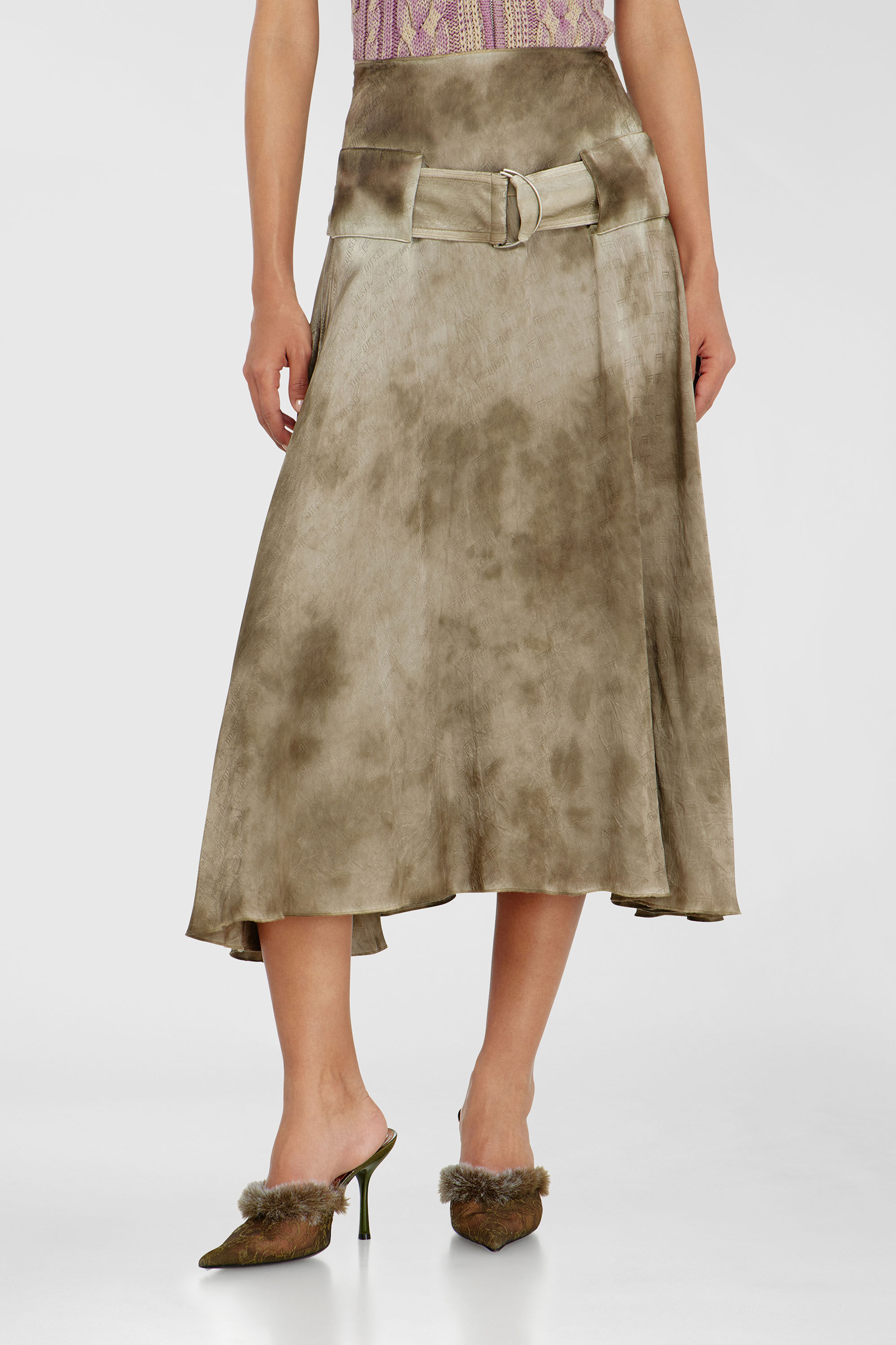 Diesel - O-DYLE, Woman's Belted midi skirt in logo-jacquard satin in Light Brown - 3