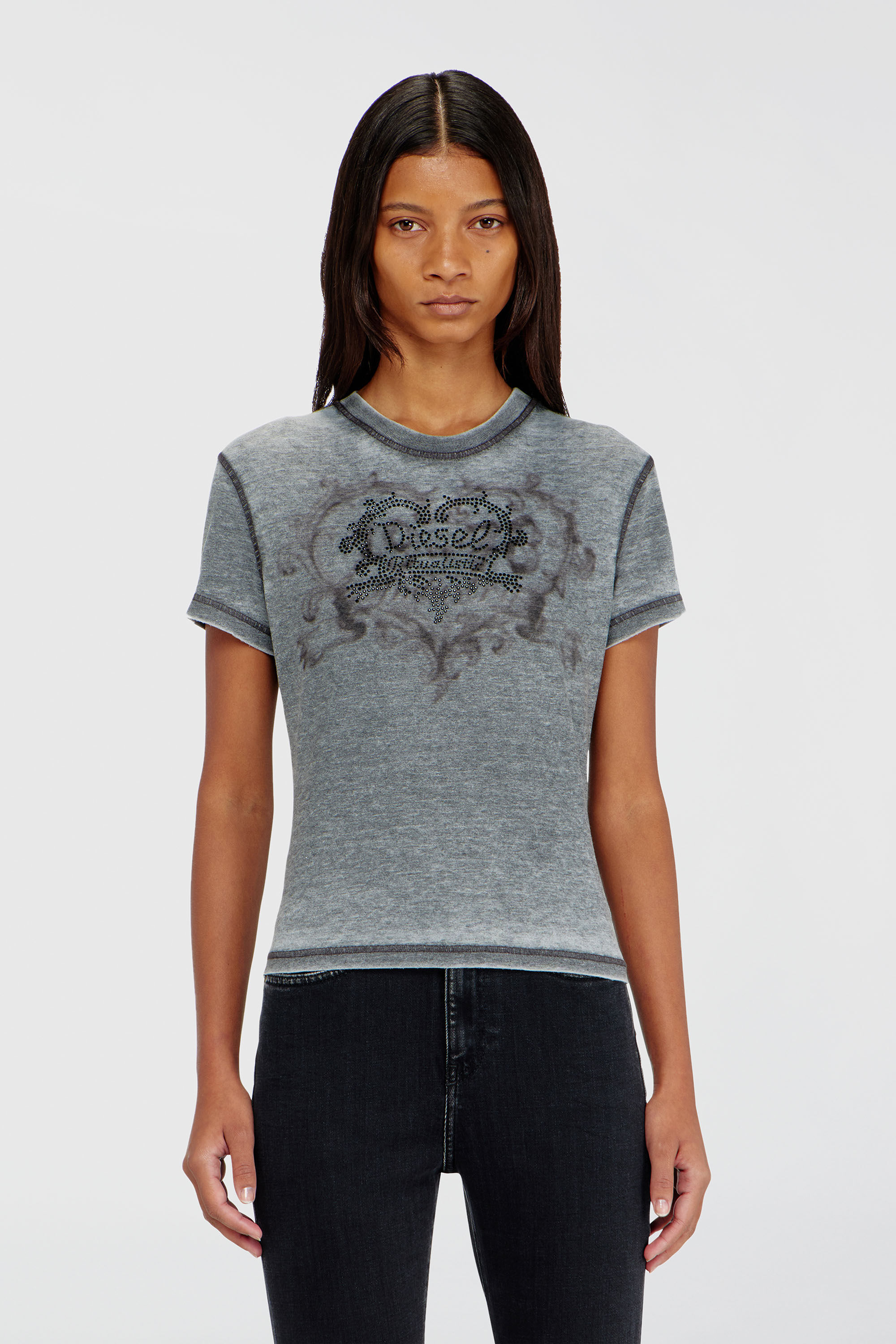 Diesel - T-ILA-AA1, Woman's Jersey t-shirt with rhinestones and burnout effect in Grey - 3