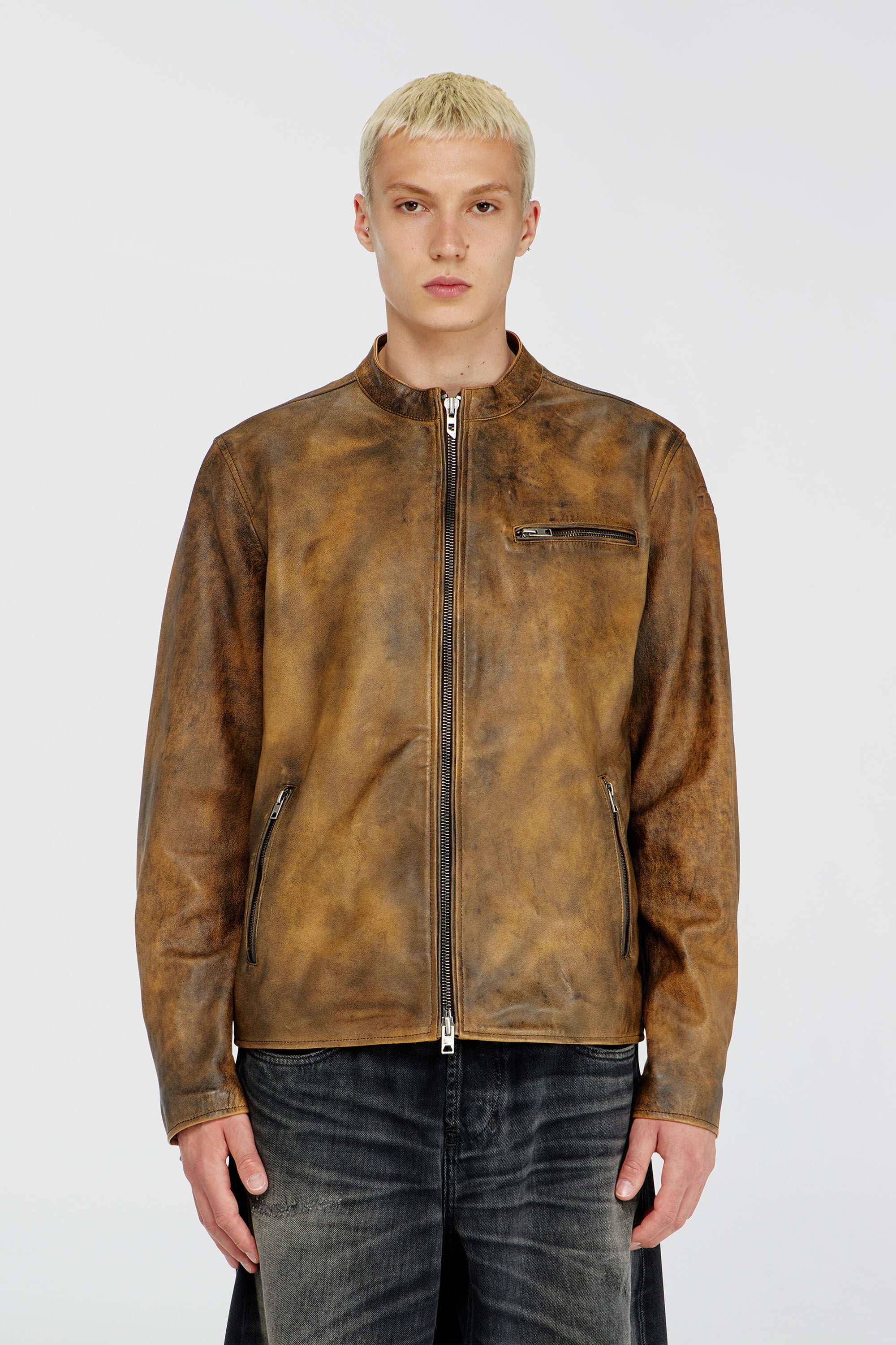 Diesel - L-ZAD-KNCZ, Man's Biker jacket in treated leather in Light Brown - 3