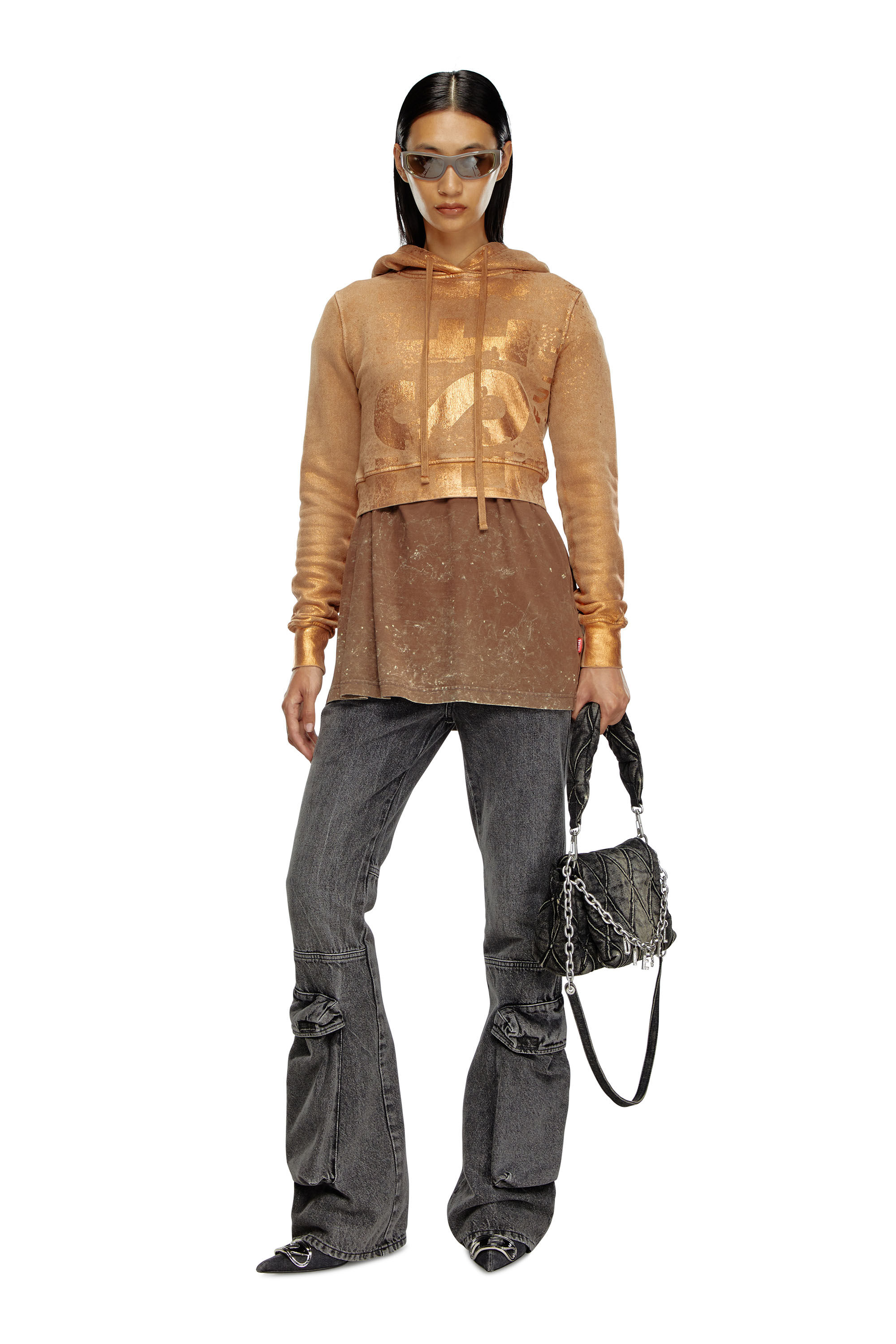 Diesel - F-SLIMMY-HOOD-P6, Woman's Cropped hoodie with metallic effects in Light Brown - 1