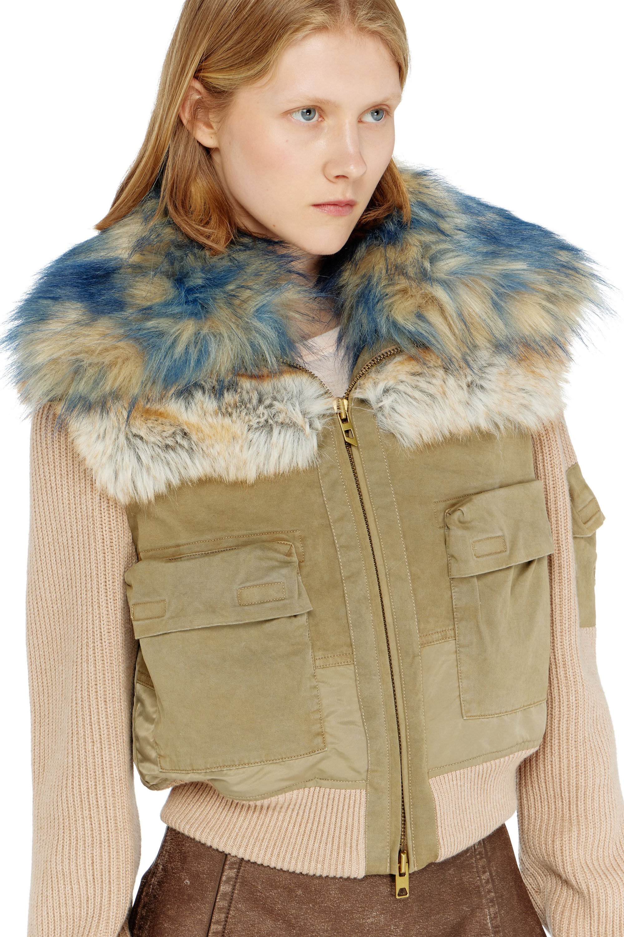 Diesel - G-USTAV, Woman's Bomber jacket with rib-knit and plush trims in Beige - 5