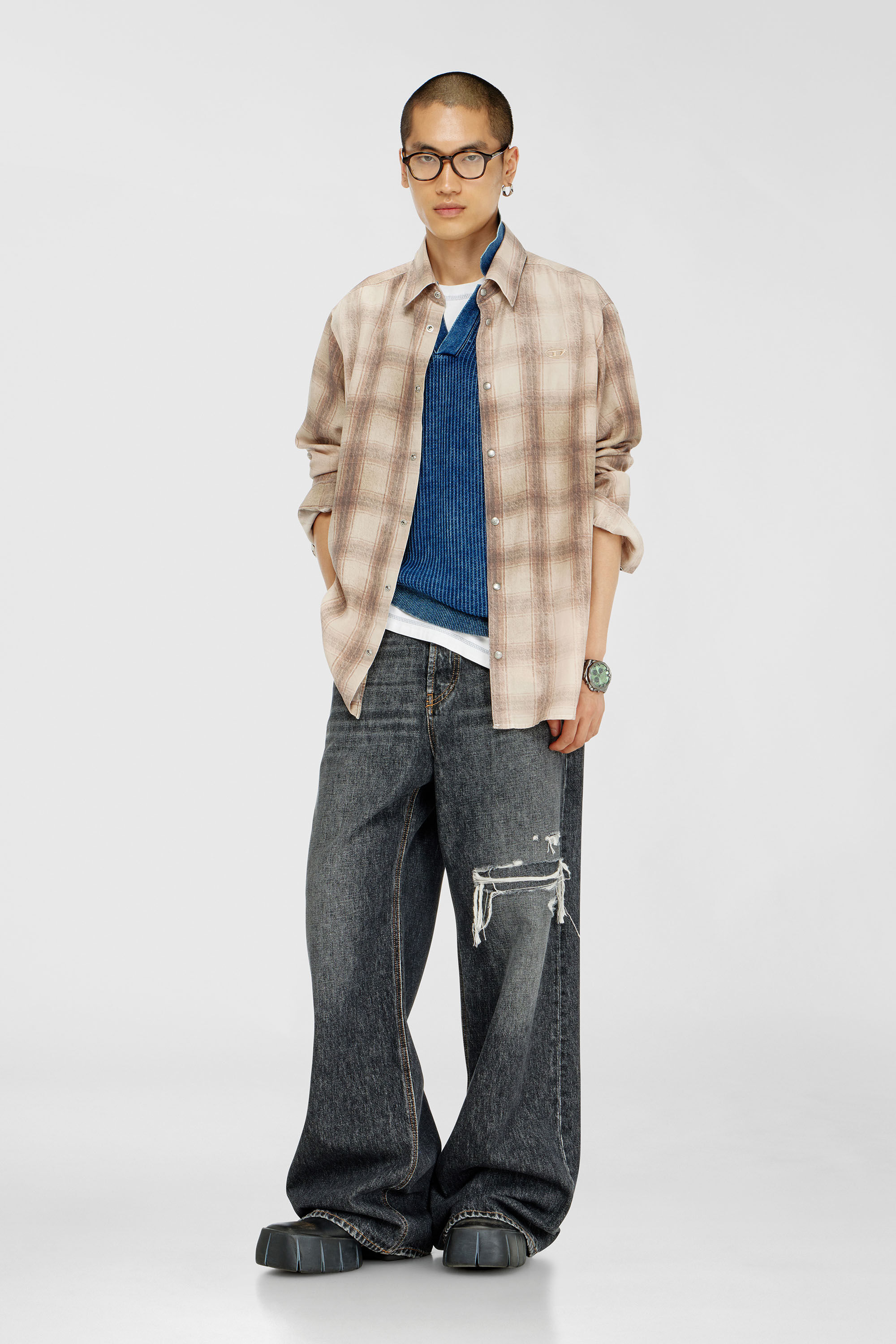 Diesel - S-SIMPLY-JMCM, Man's Check shirt in fluid fabric in Light Brown - 1