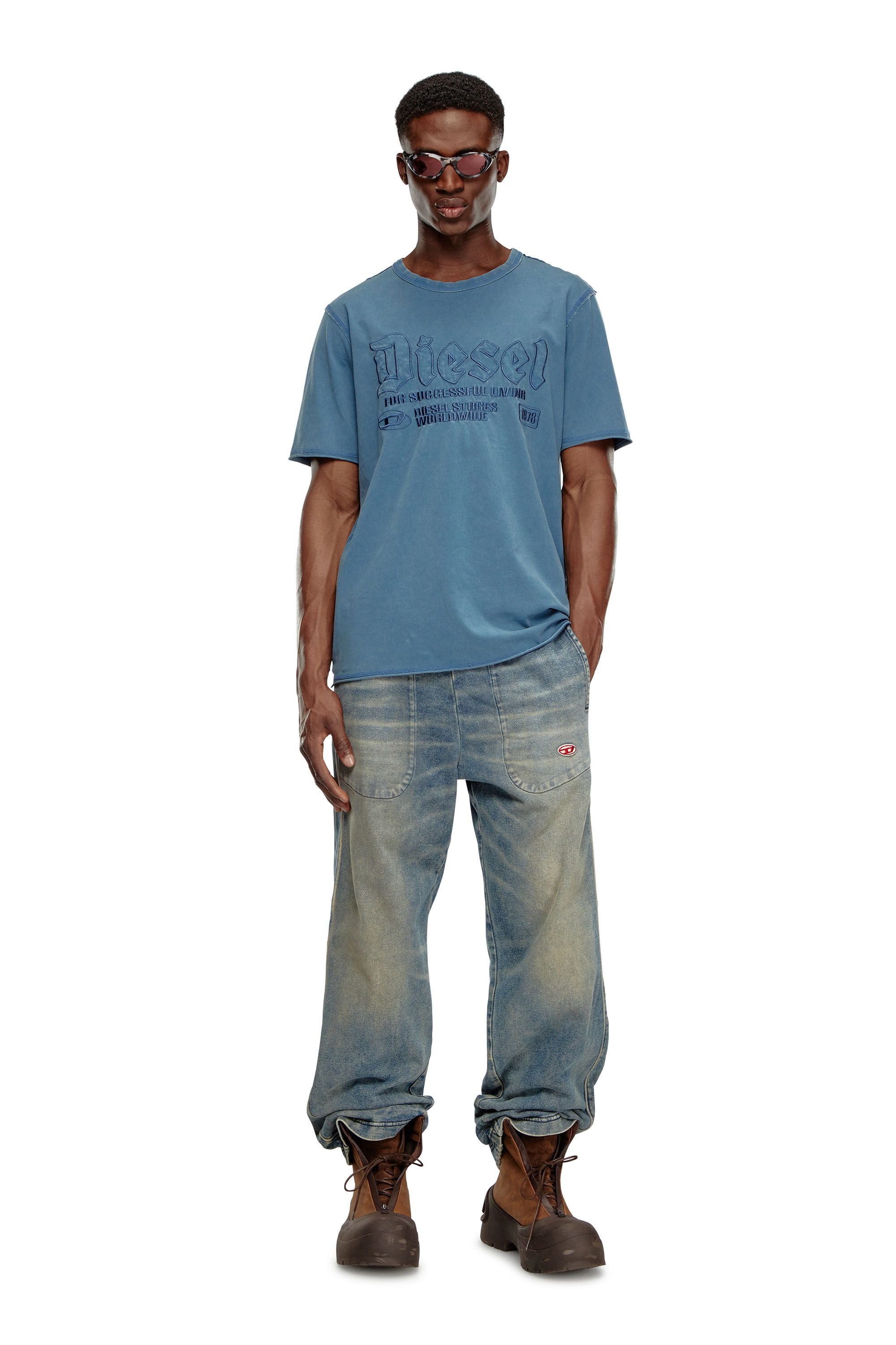 Diesel - T-RAWJUST, Man's Faded T-shirt with tonal embroidery in Blue - 1