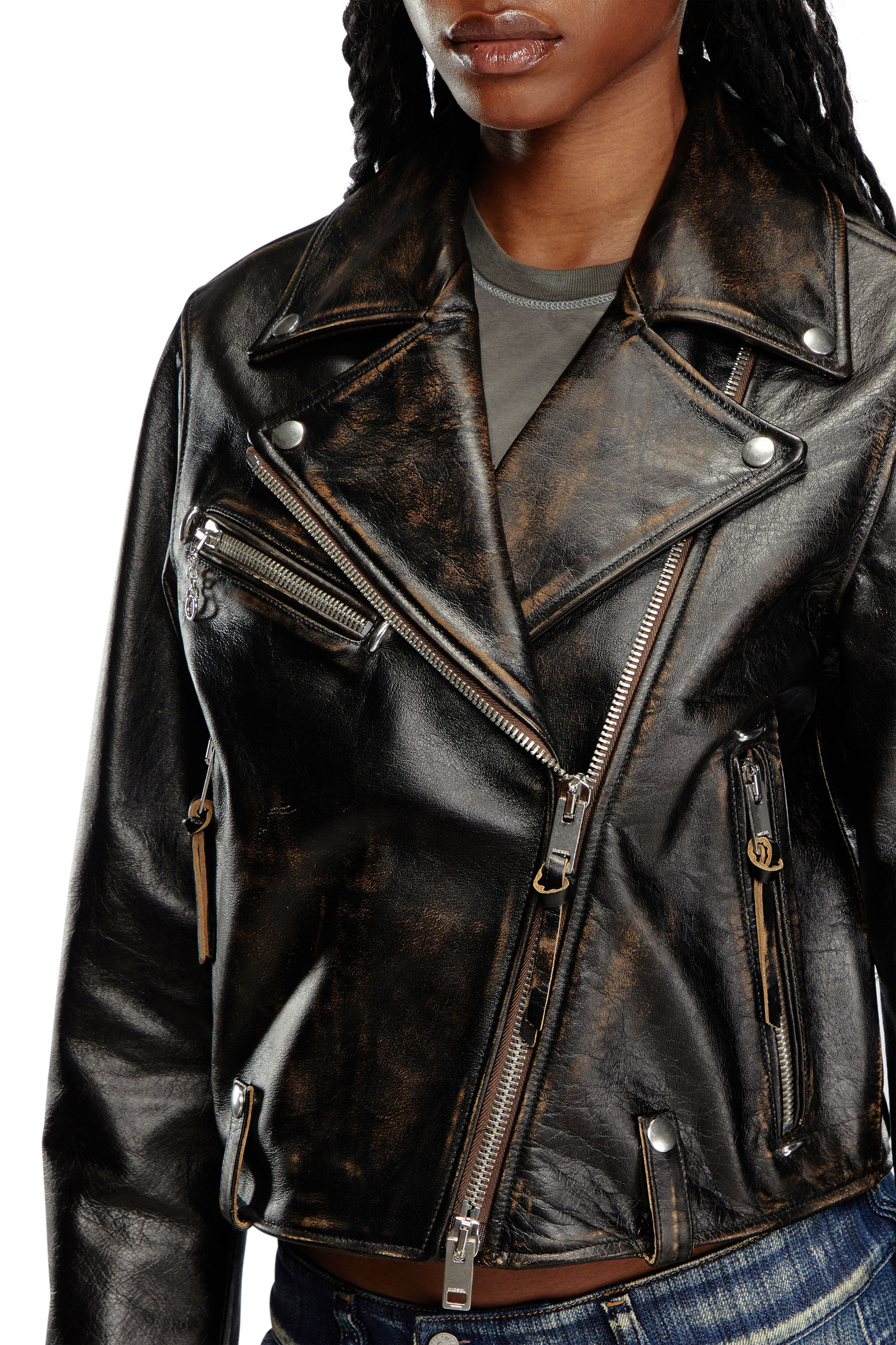 Women s distressed jacket in treated leather Diesel L EDMEA CL