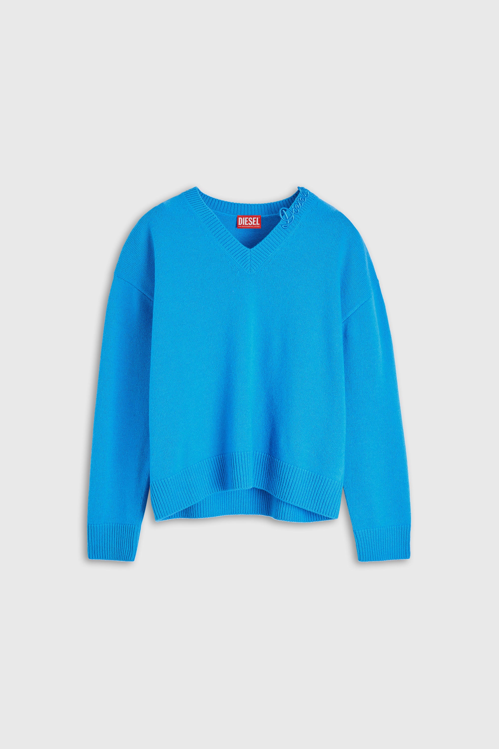 Diesel - M-IMOSA, Woman's Wool V-neck jumper with neck logo in Azure - 2