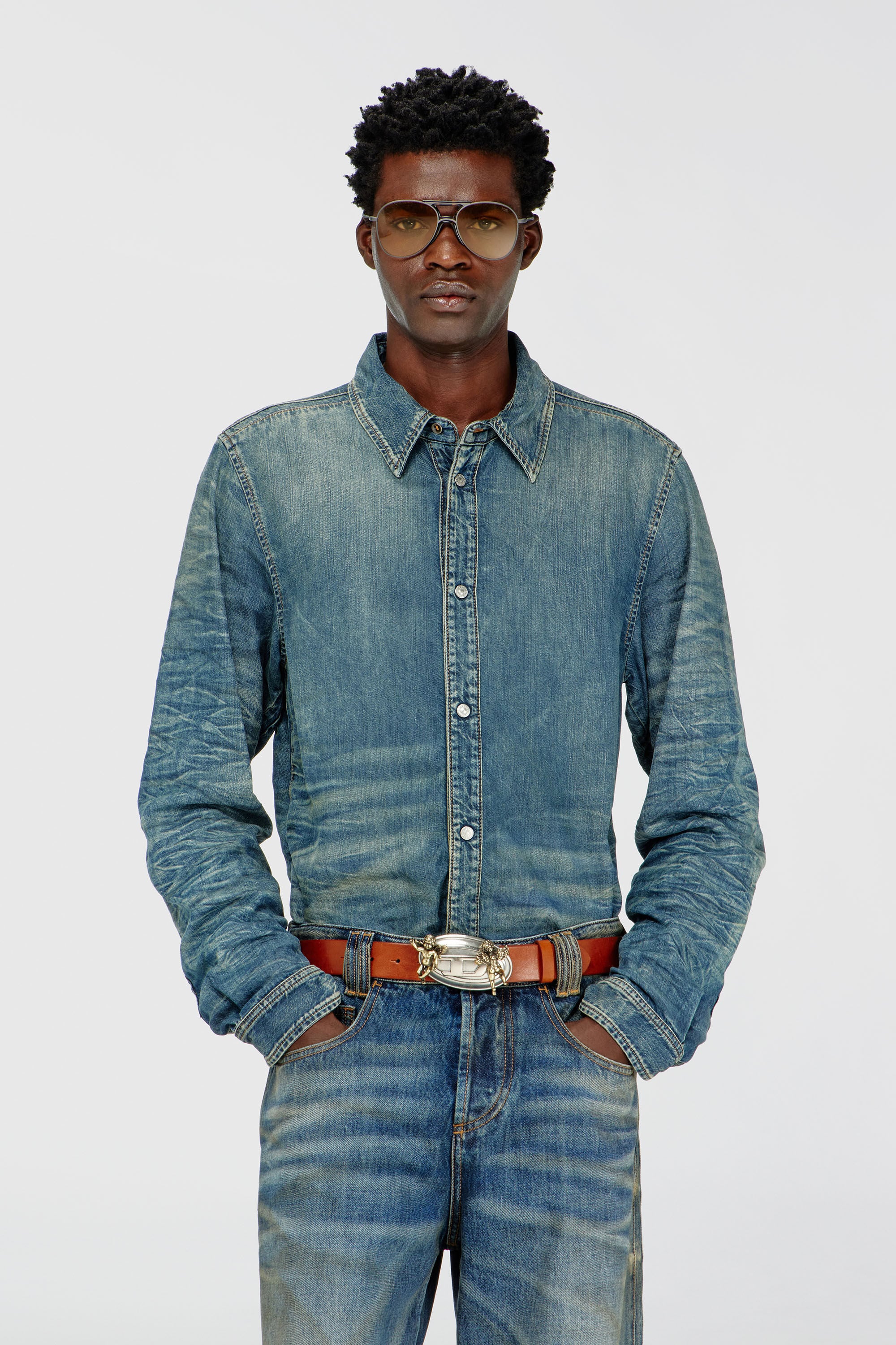 Diesel - D-SYNAR-FSJ4, Man's Shirt in dirty-effect creased denim in null - 3