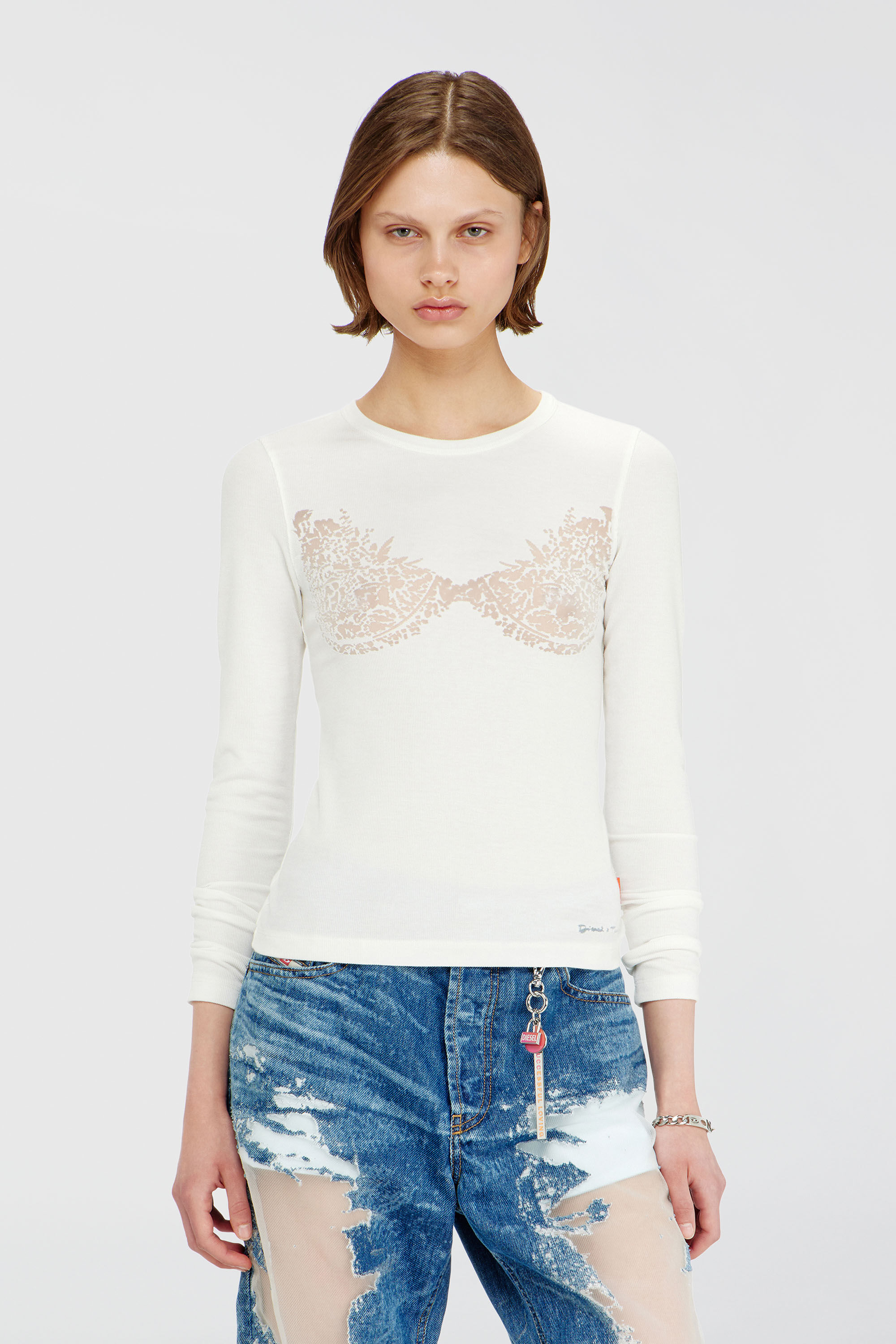 Diesel - PR-T-MOKKI-LS-R, Woman's Top with devor&eacute; lace effect in White - 3