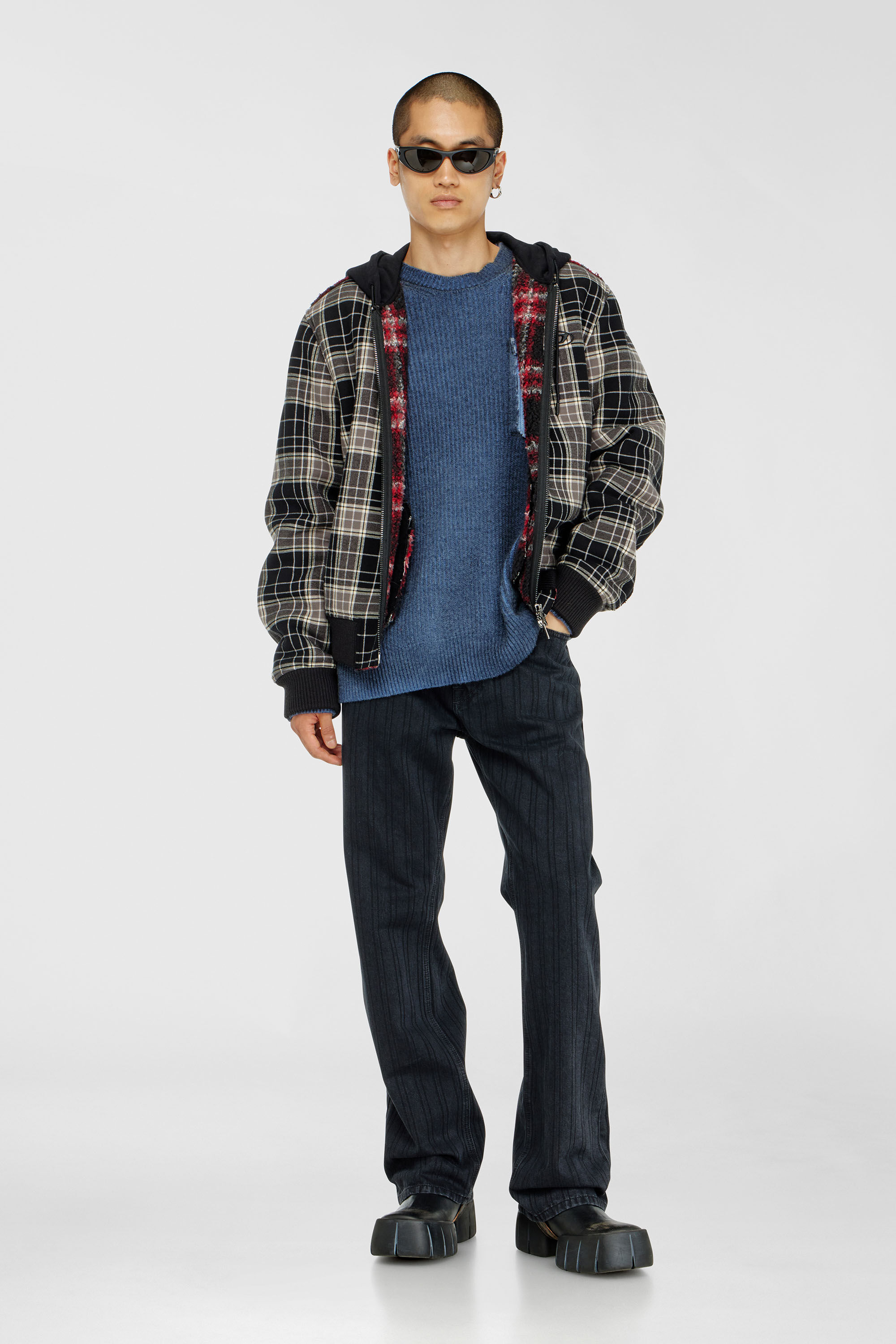 Diesel - W-KUNST, Man's Check-flannel bomber jacket with teddy interior in Grey/Black - 1