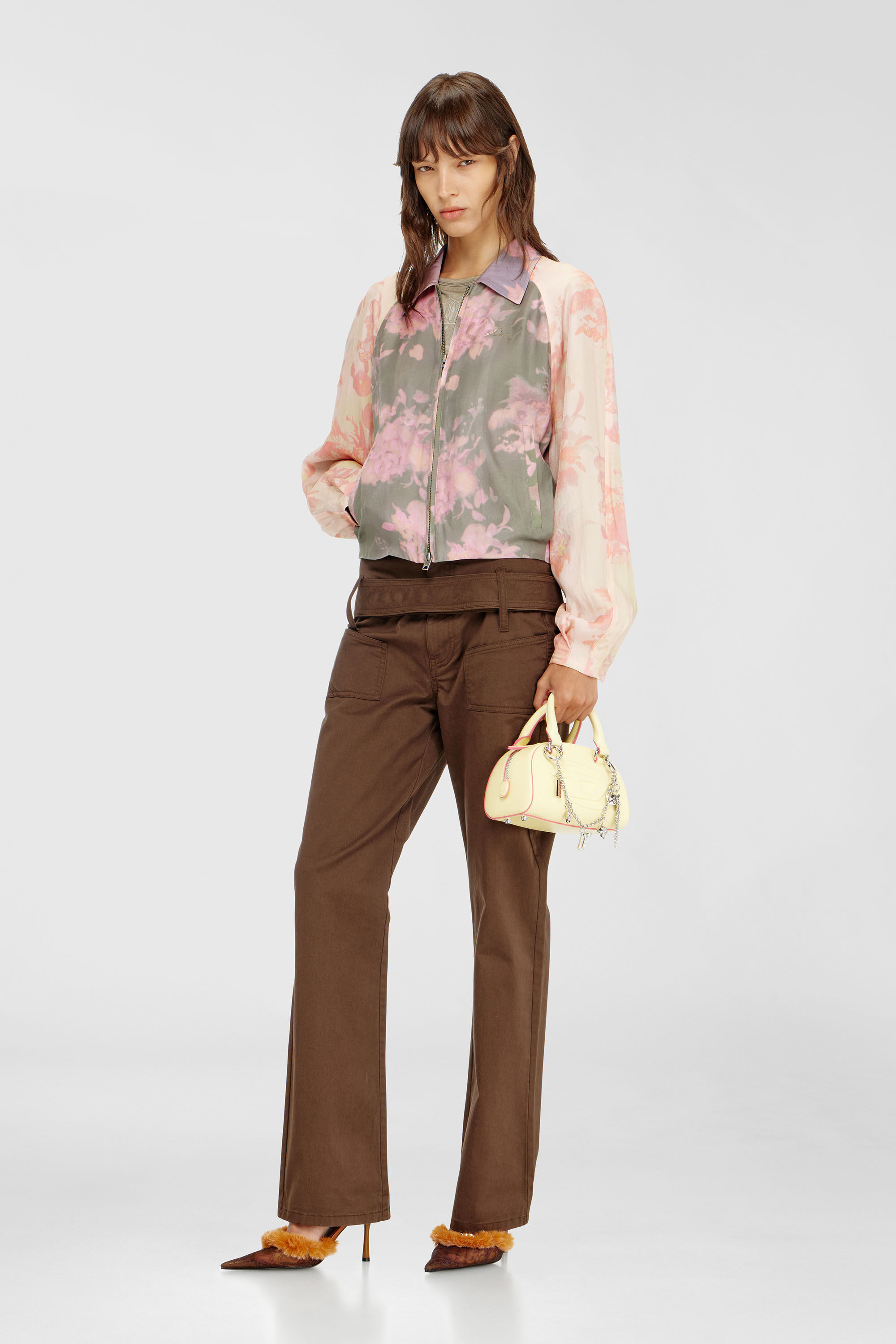 Diesel - G-ALENA, Woman's Floral bomber jacket in crinkled acetate in Green/Pink - 1