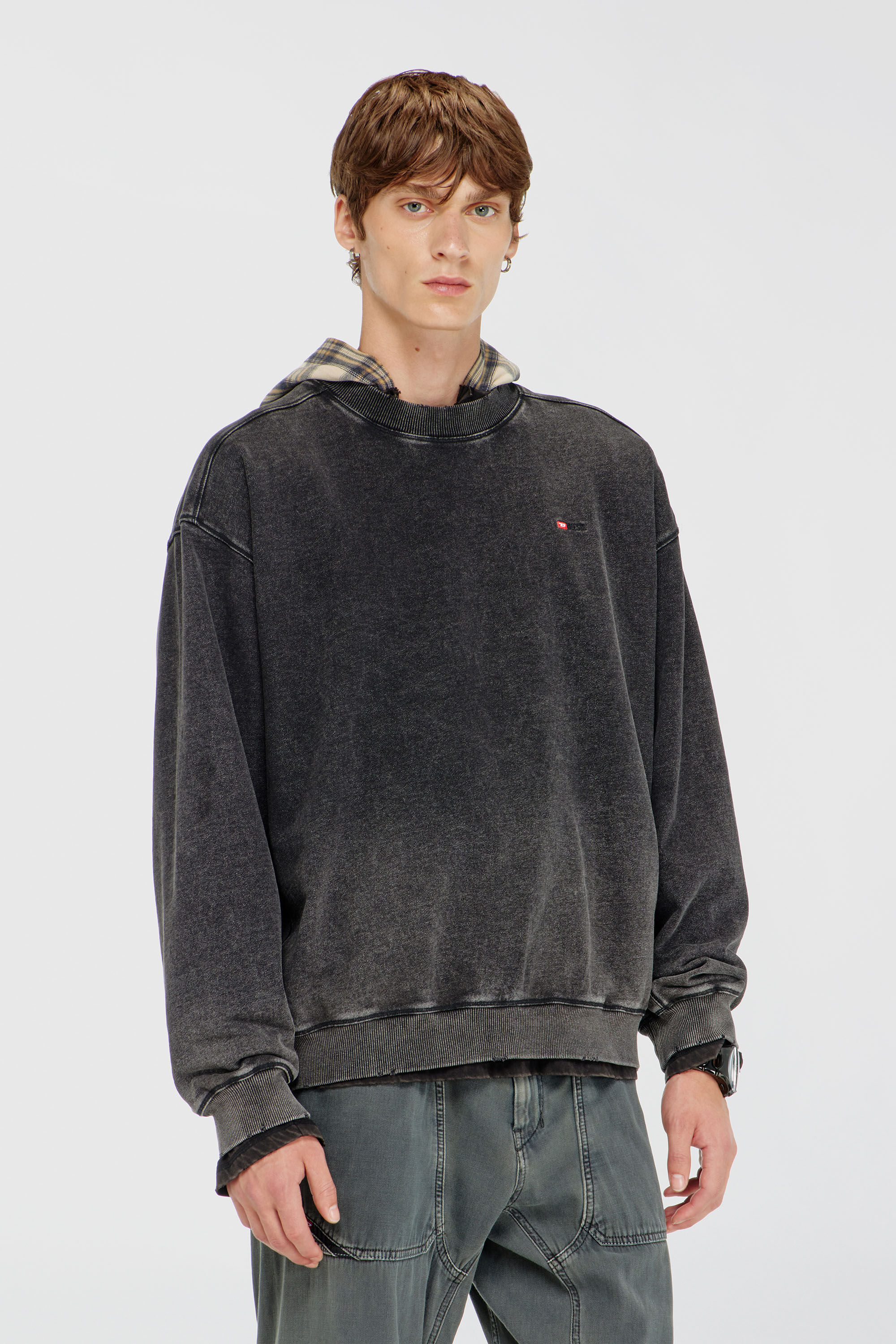 Diesel - S-CROX, Man's Cotton sweatshirt with faded effect in Dark grey - 3