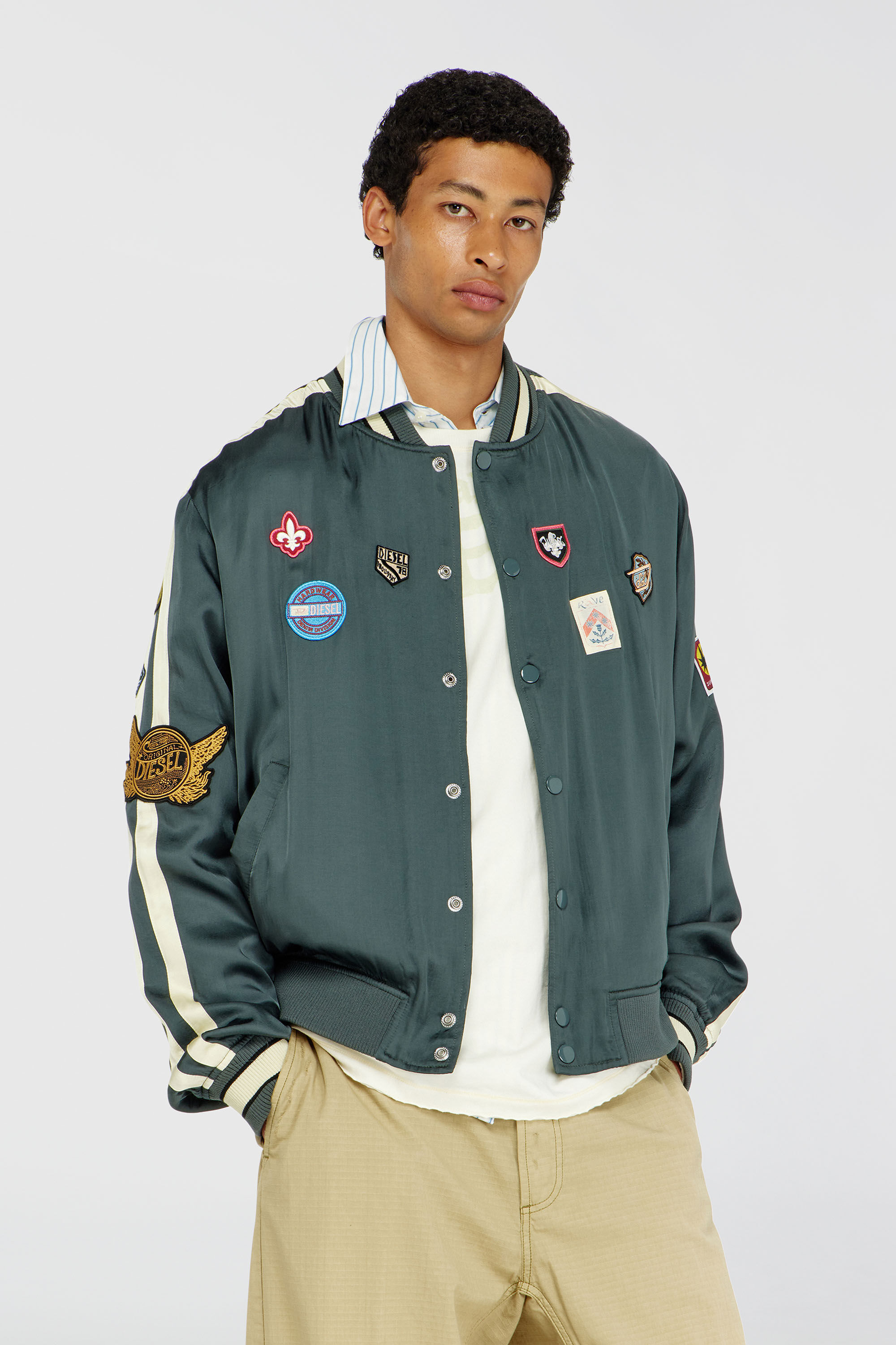 Diesel - J-ANNU, Man's Satin bomber jacket with patches in Dark Green - 3