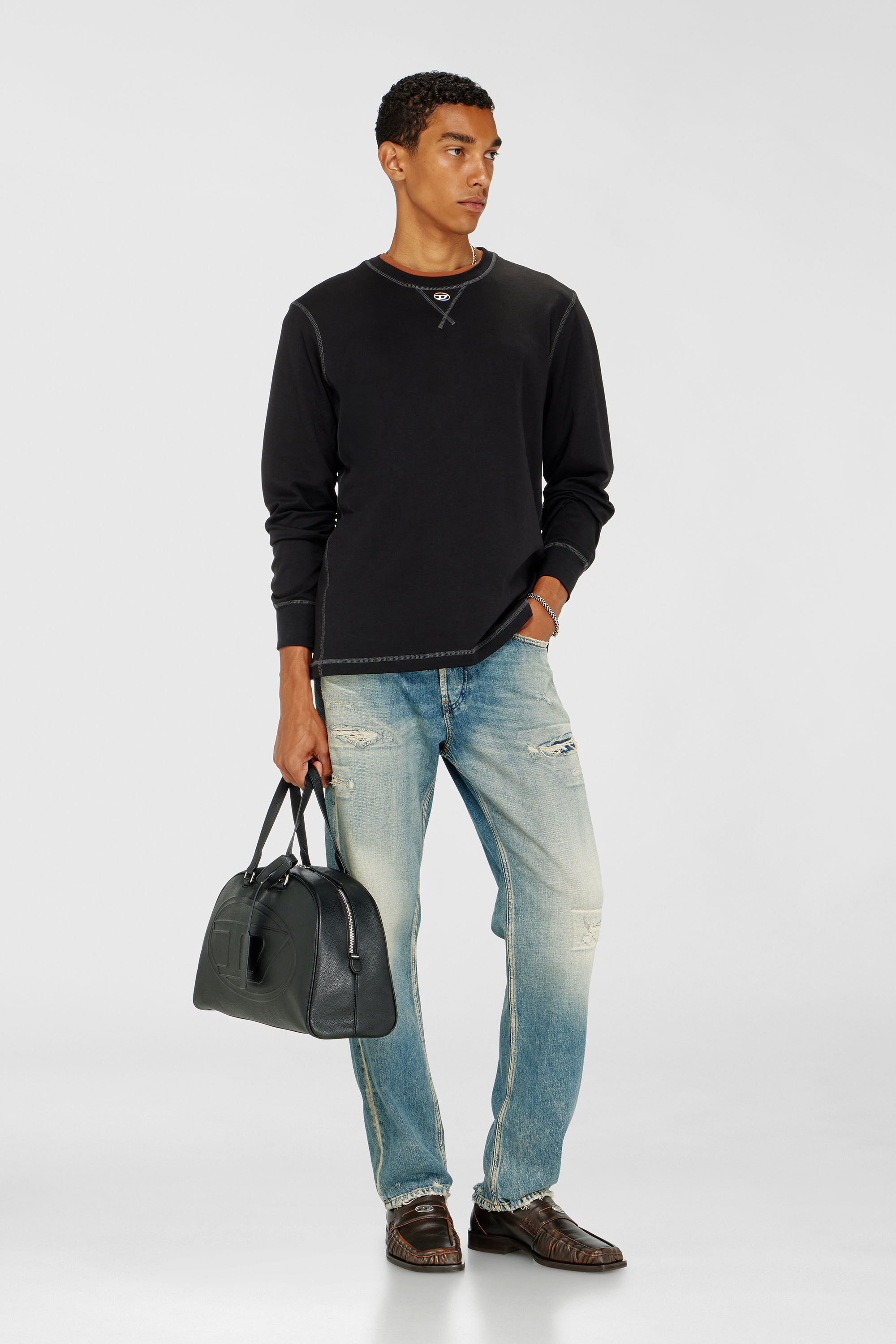 Diesel - T-MADJUST-LS-TR, Man's Cotton long-sleeve T-shirt with Oval D in Dark grey - 1