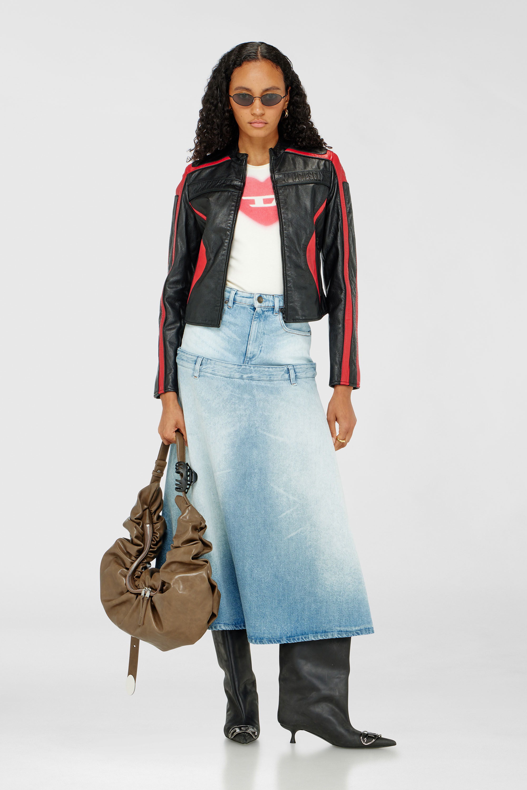 Diesel - L-OVABLE, Woman's Biker jacket in colour-block leather in Black/Red - 1