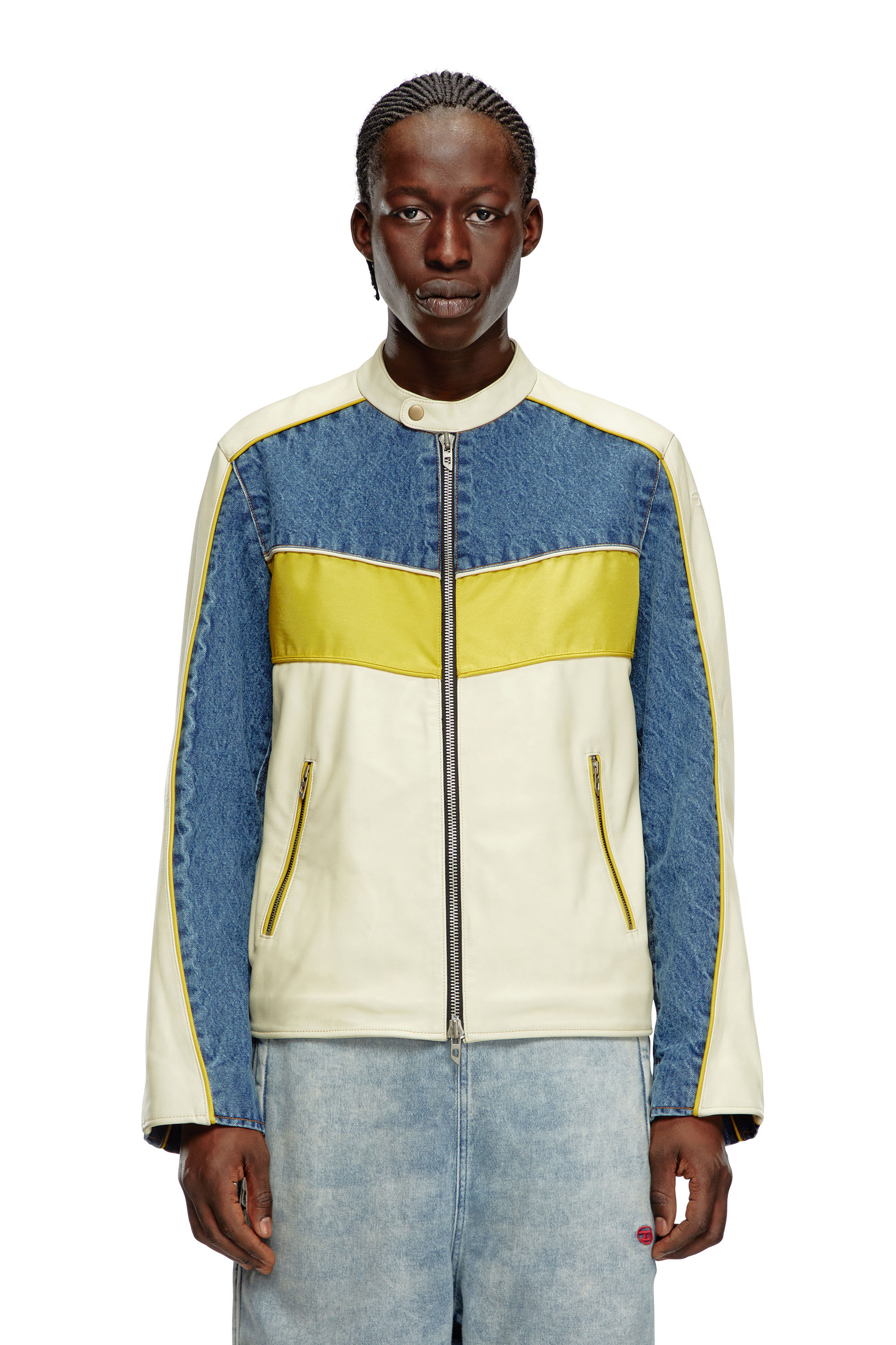 Diesel - L-LEOPOL, Man's Denim and shell-panelled leather jacket in White/Yellow - 6