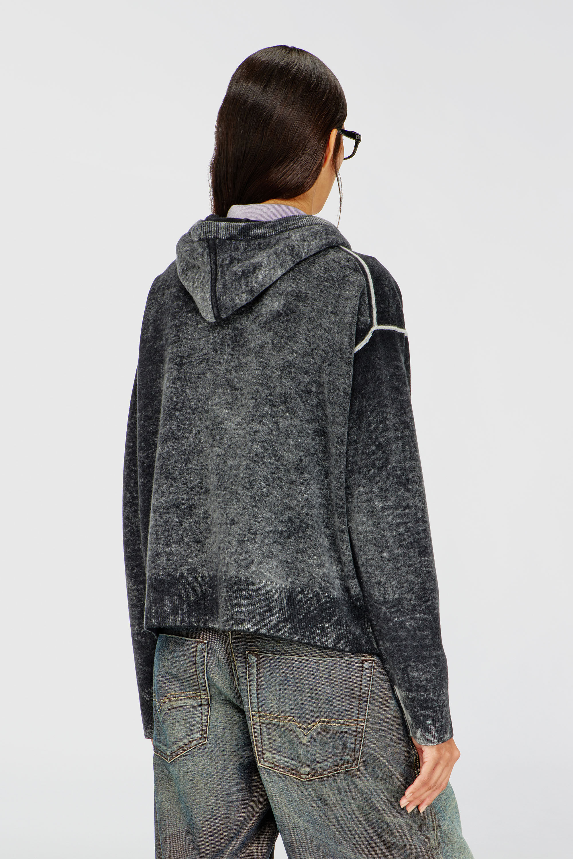 Diesel - M-HERMINE, Woman's Reverse-print hooded cardigan in wool in Black/Grey - 4