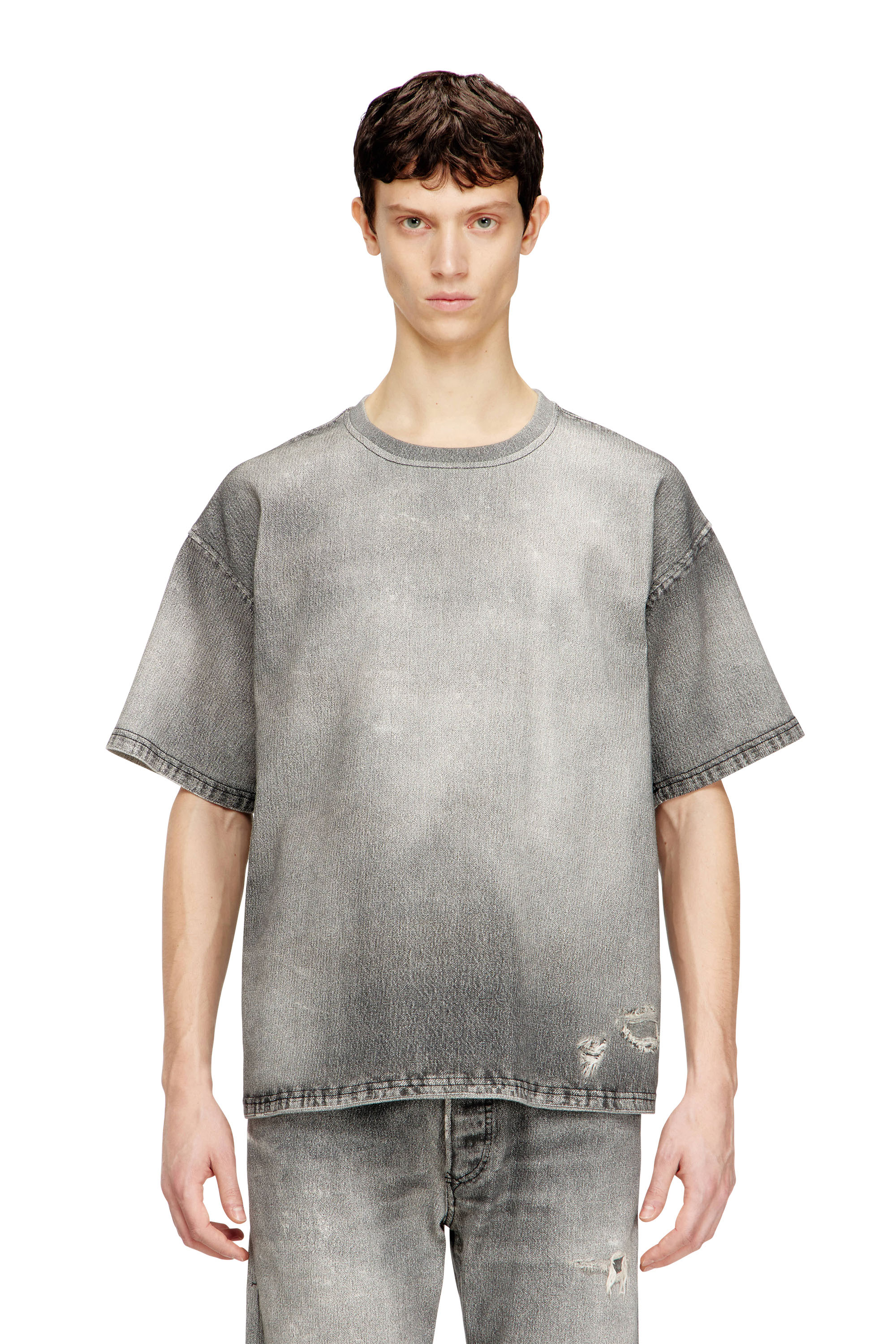 Diesel - D-BOX JOGG, Man's Denim T-shirt with trompe l'oeil treated effect in Grey - 1