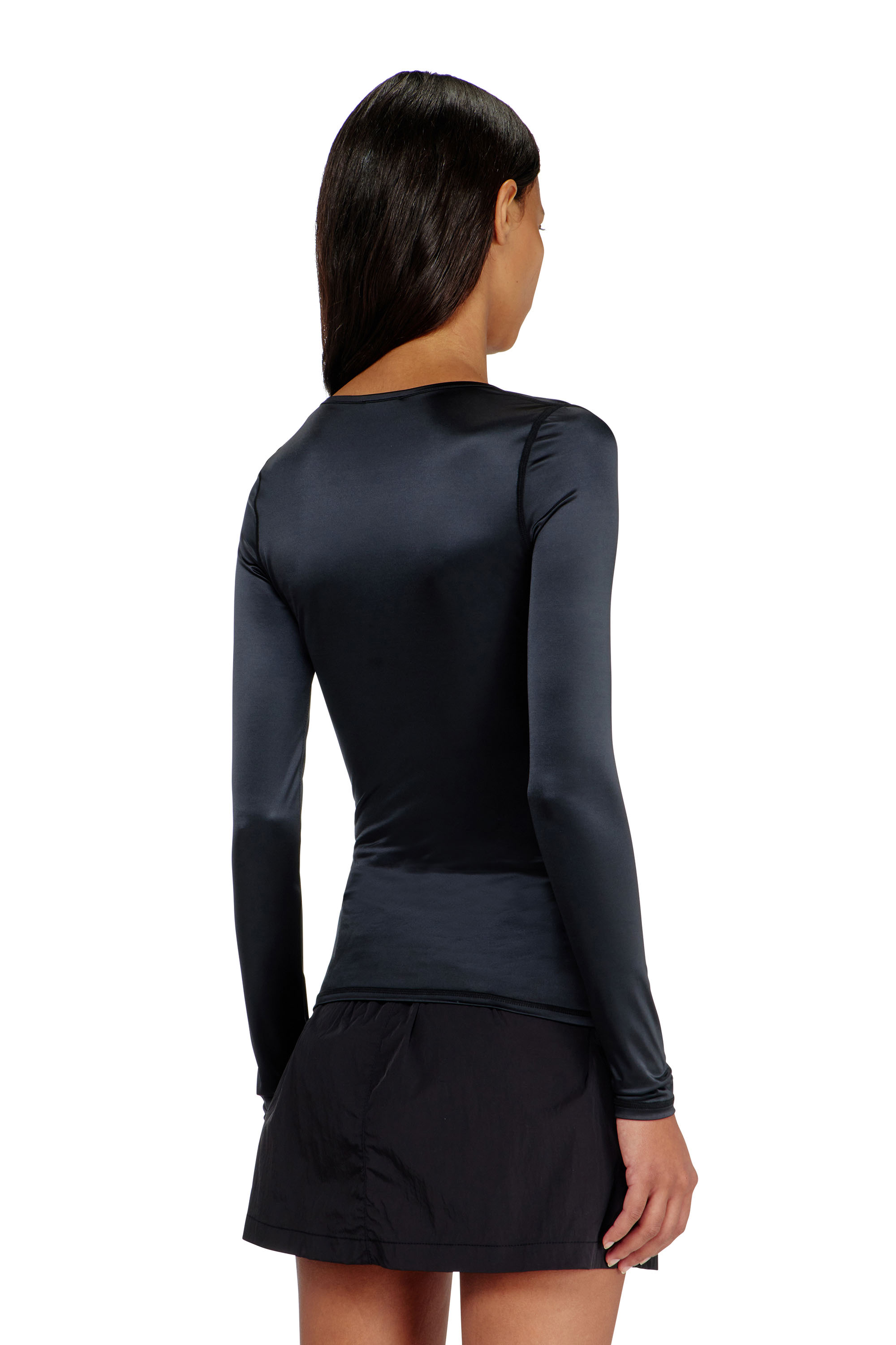 Diesel - T-ELPHIN-LS, Woman's Nylon slim top scoop neck with Logo Oval D embroidery in Black - 4