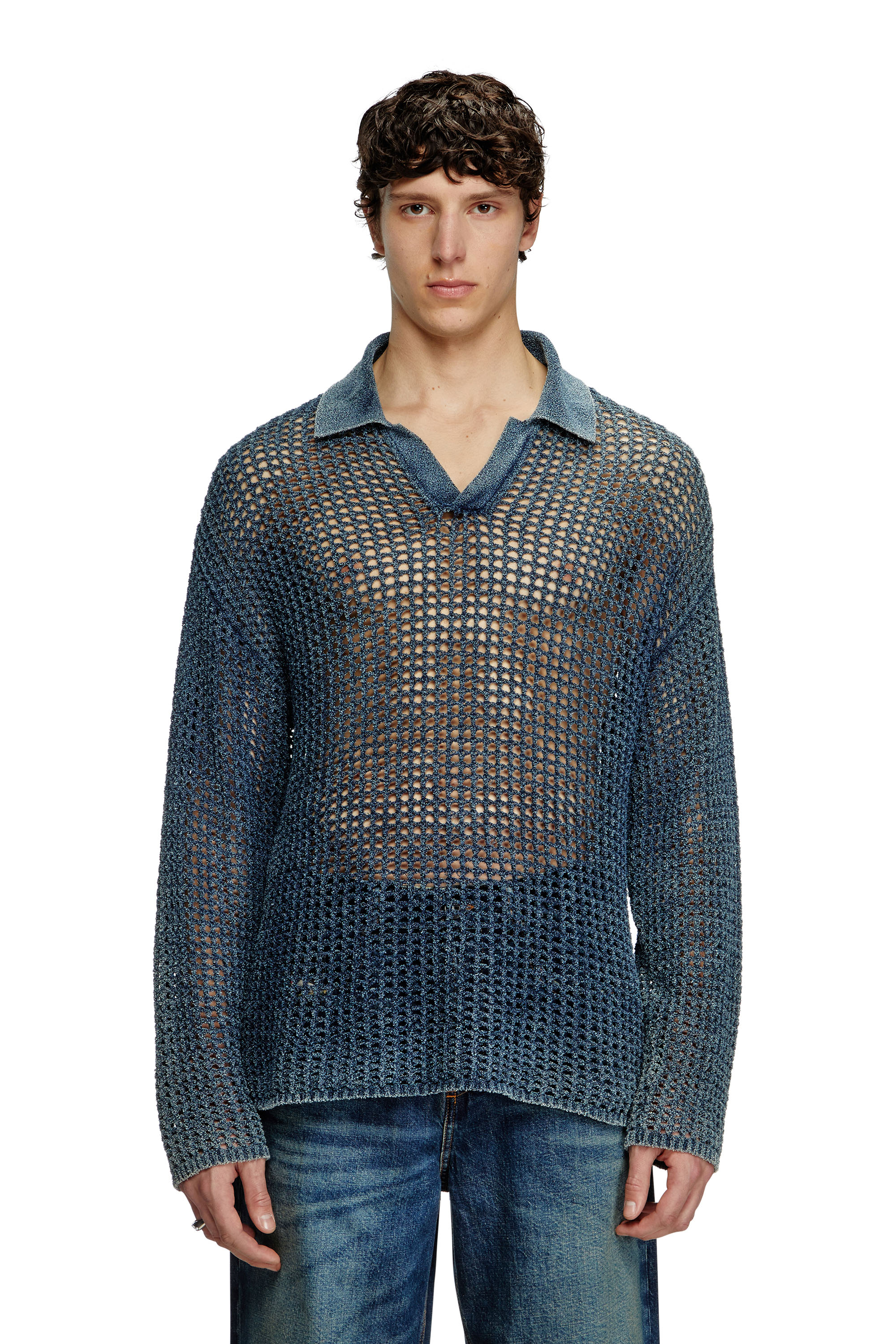 Diesel - K-SQUARED, Man's Open-knit polo jumper in denim yarn in null - 1