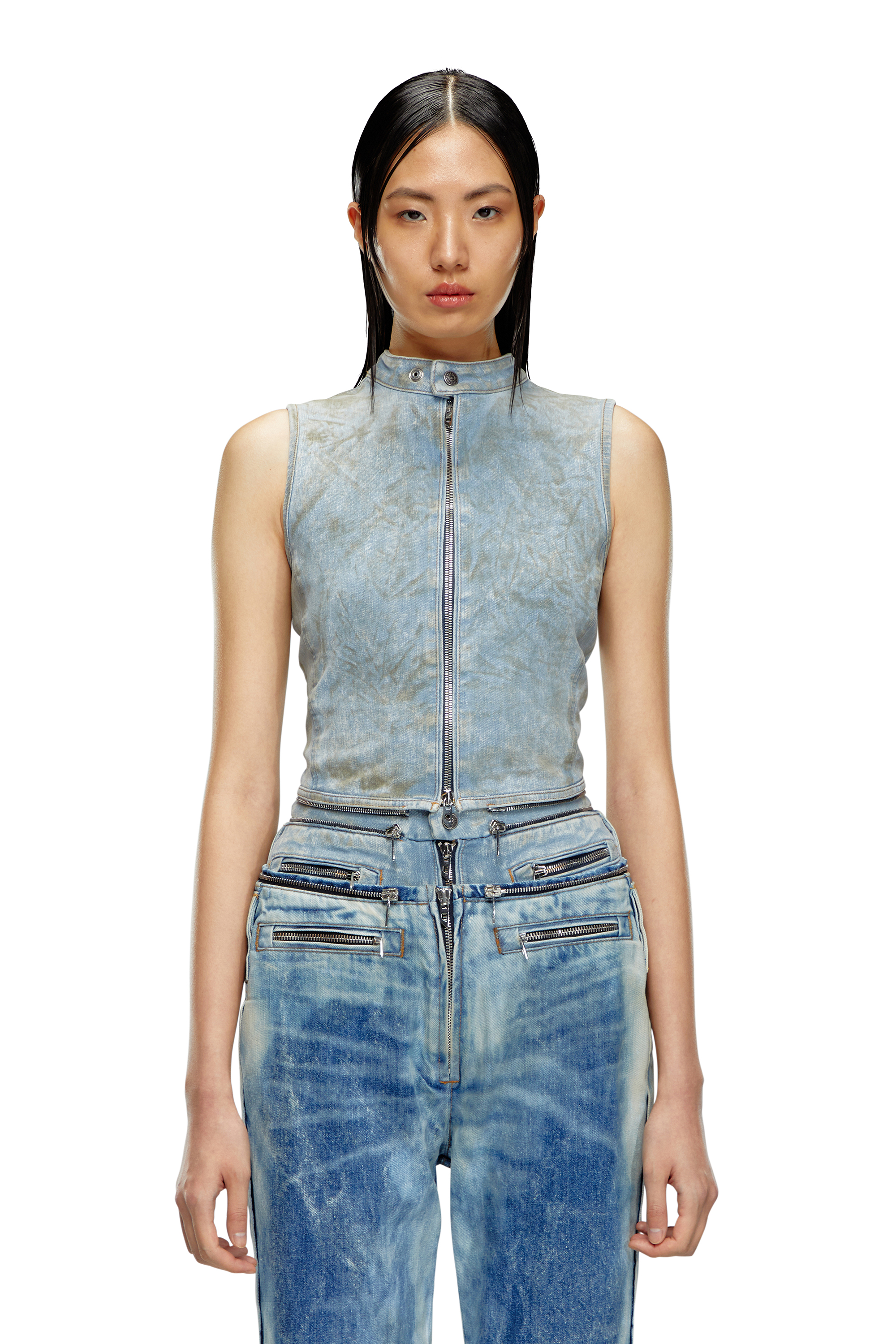 Diesel - DE-NATA-FSE, Woman's Second-skin denim top with biker details in Light Blue - 6