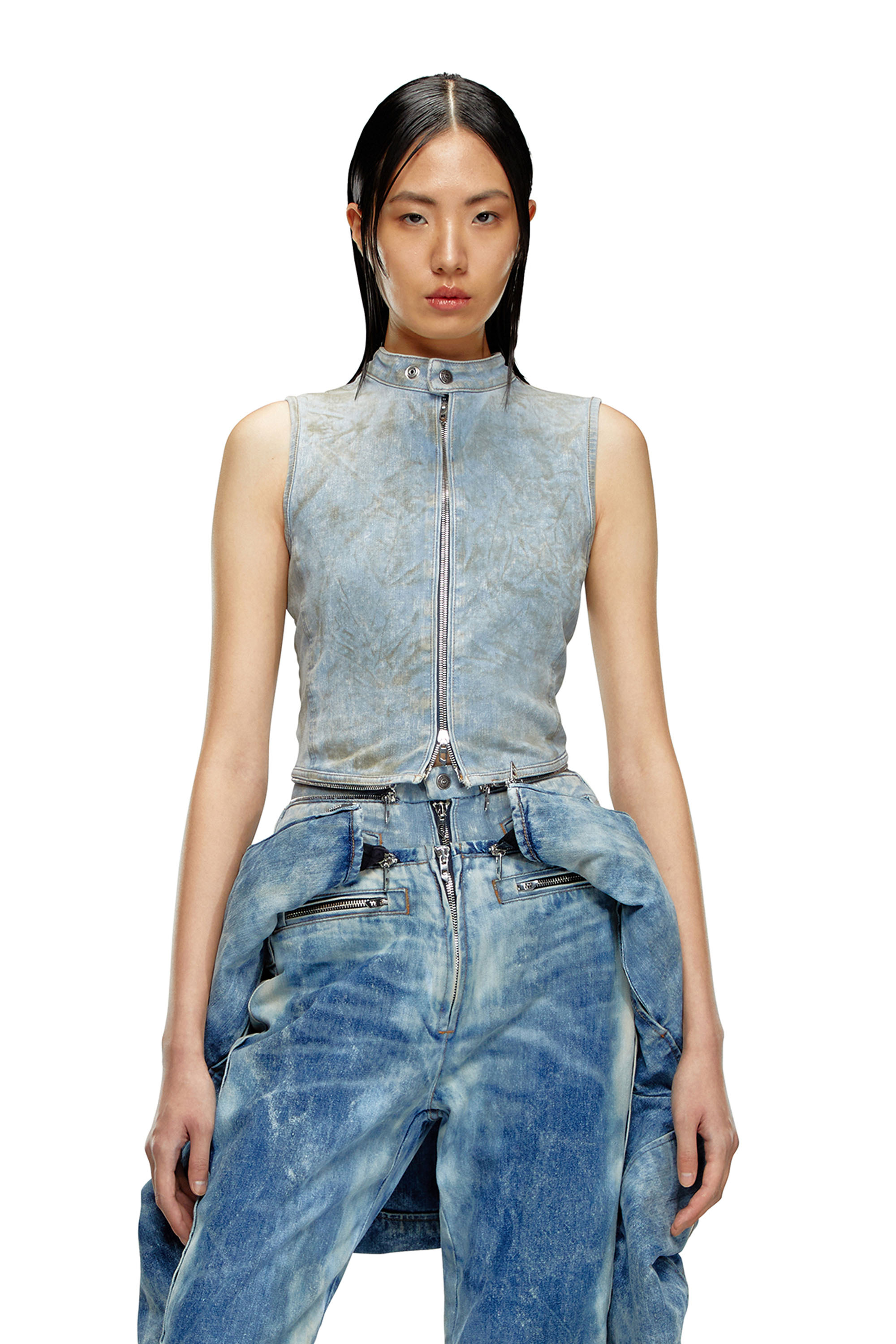 Diesel - DE-NATA-FSE, Woman's Second-skin denim top with biker details in Light Blue - 3