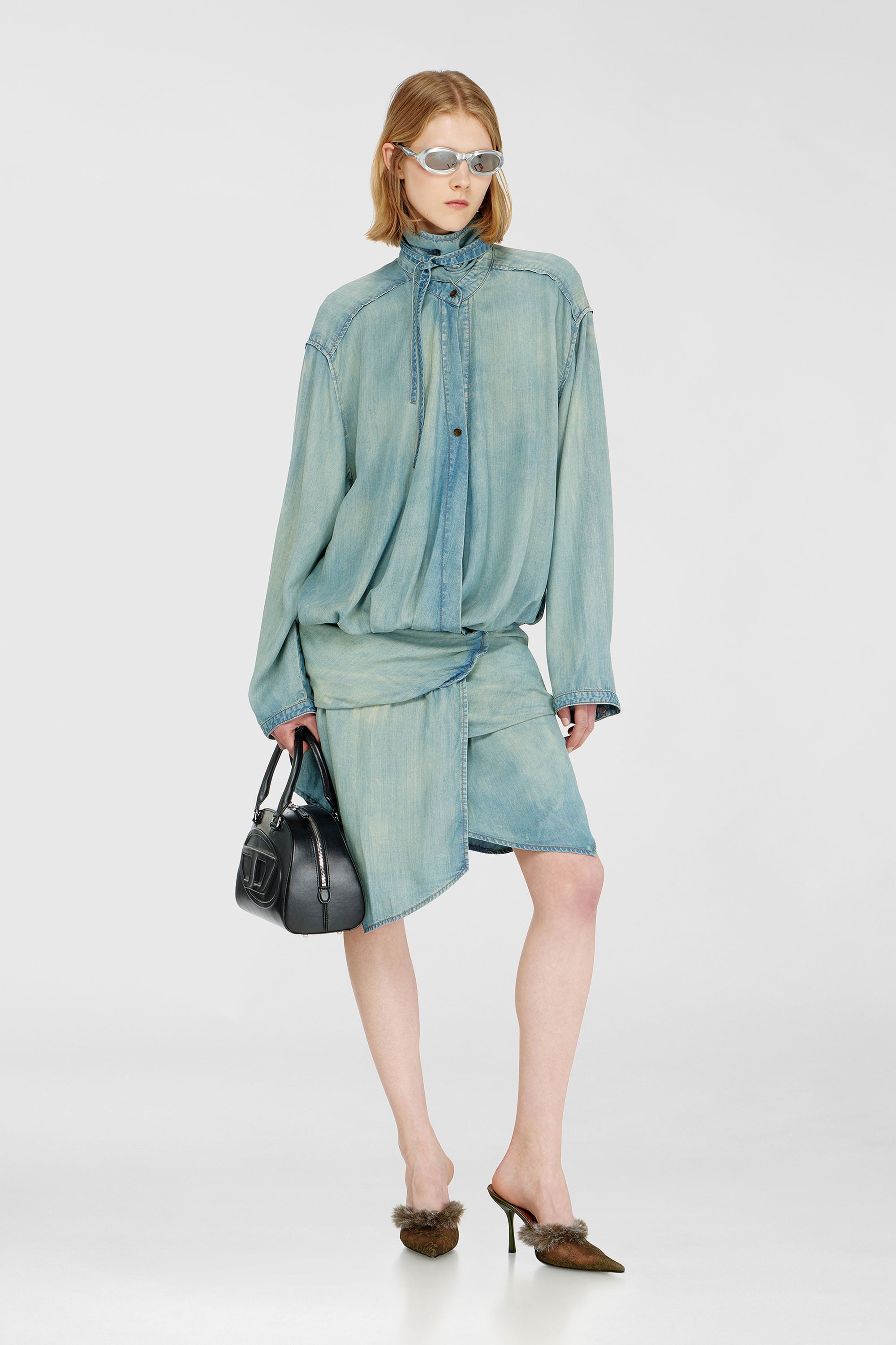 Diesel - DE-TILORA-S, Woman's Oversized draped denim shirt dress in Light Blue - 1