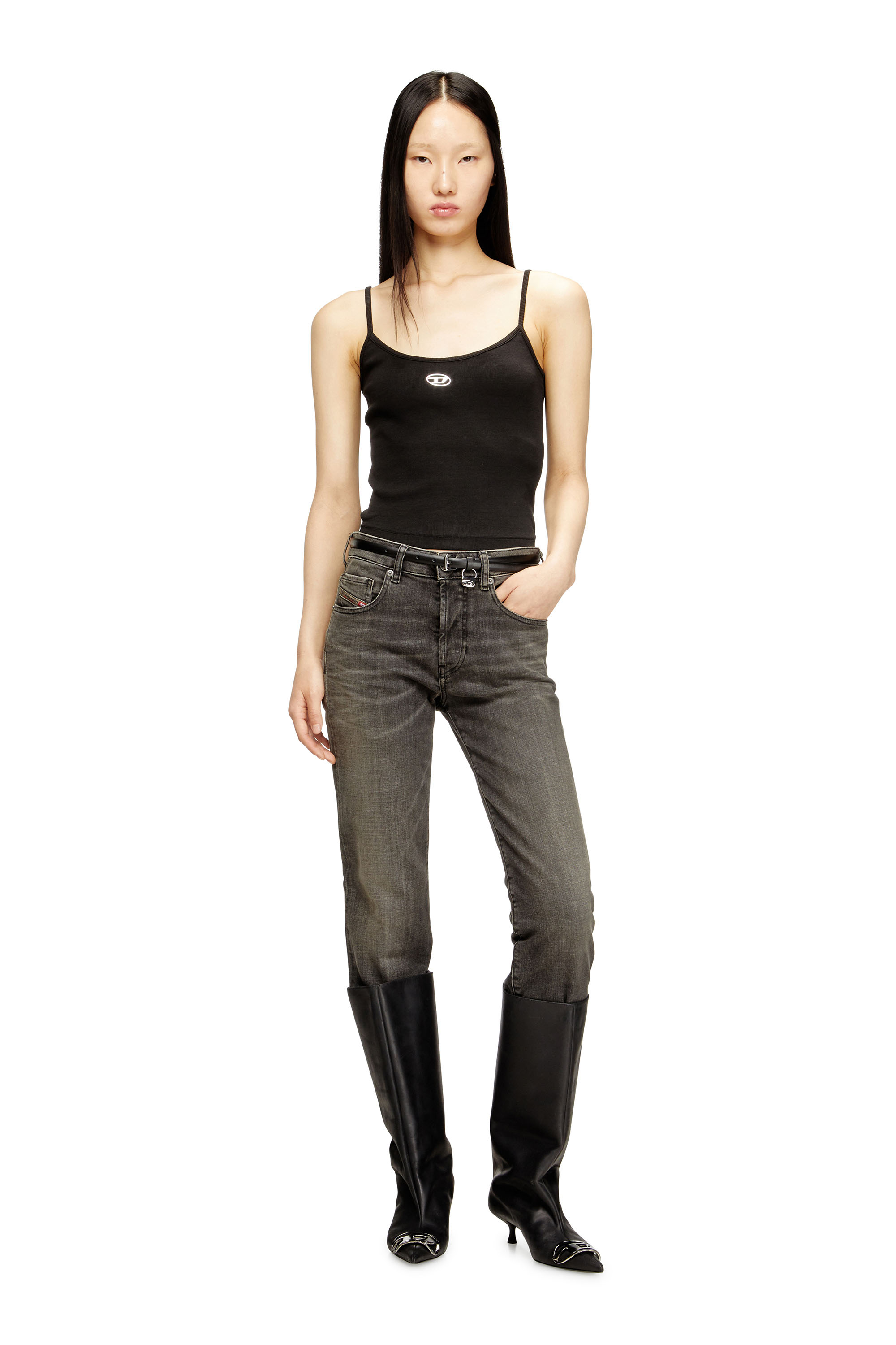 Diesel - T-HUPY-OD, Woman's Ribbed top with metallic Oval D in Black - 2