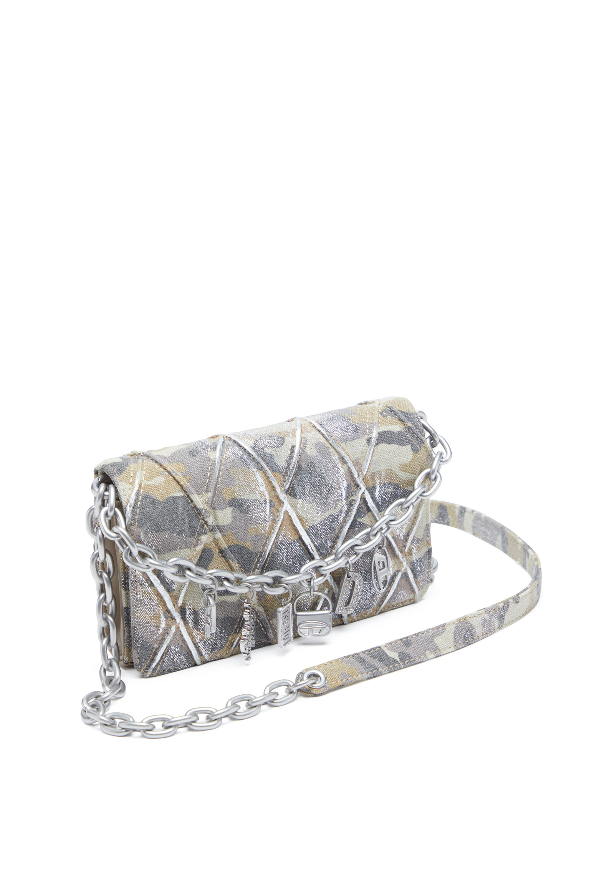 Diesel - CHARM-D WALLET STRAP, Woman's Wallet purse in argyle quilted denim in Beige/Grey - 5