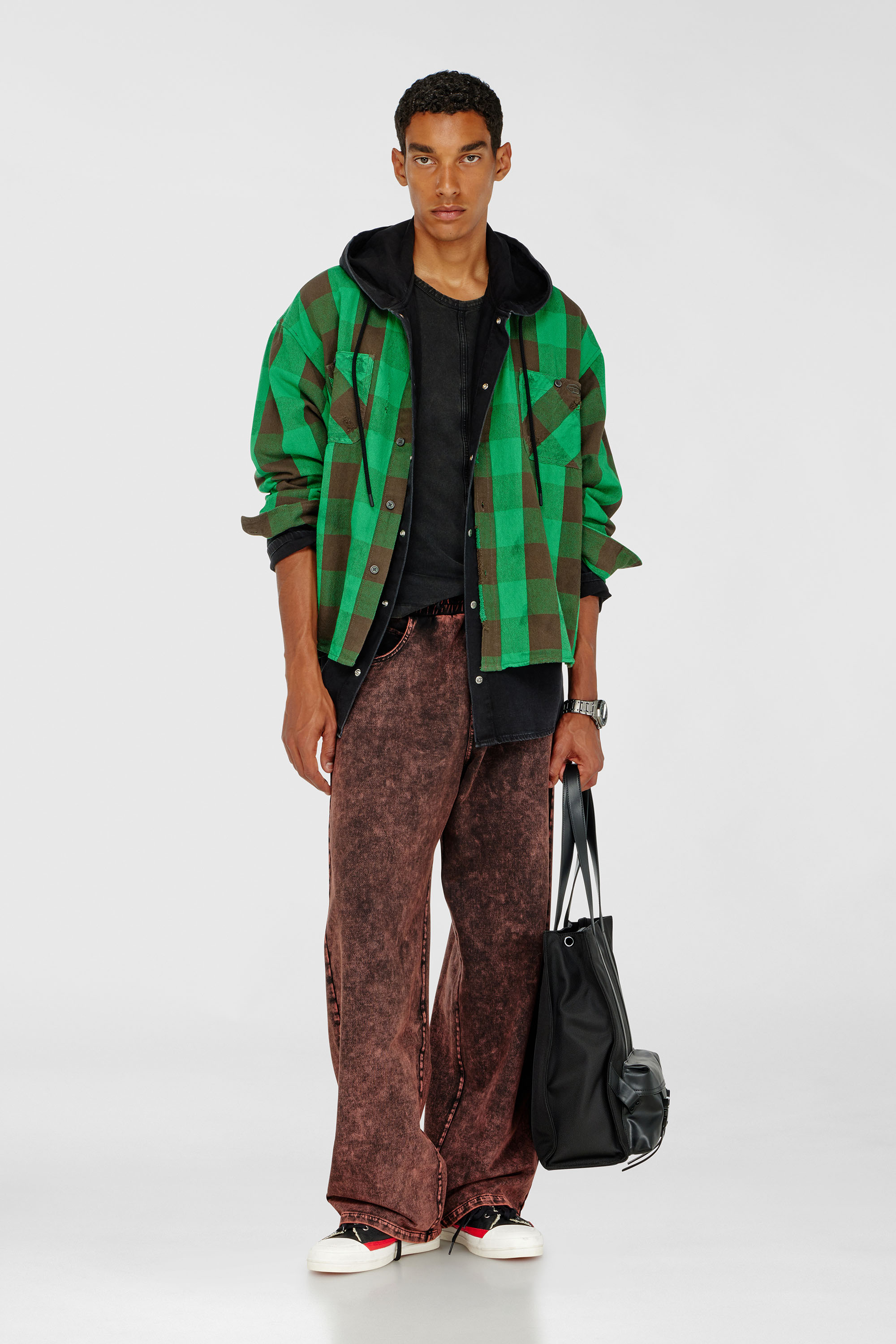 Diesel - S-DRUM, Man's Check flannel shirt with distressed effect in Brown/Green - 1