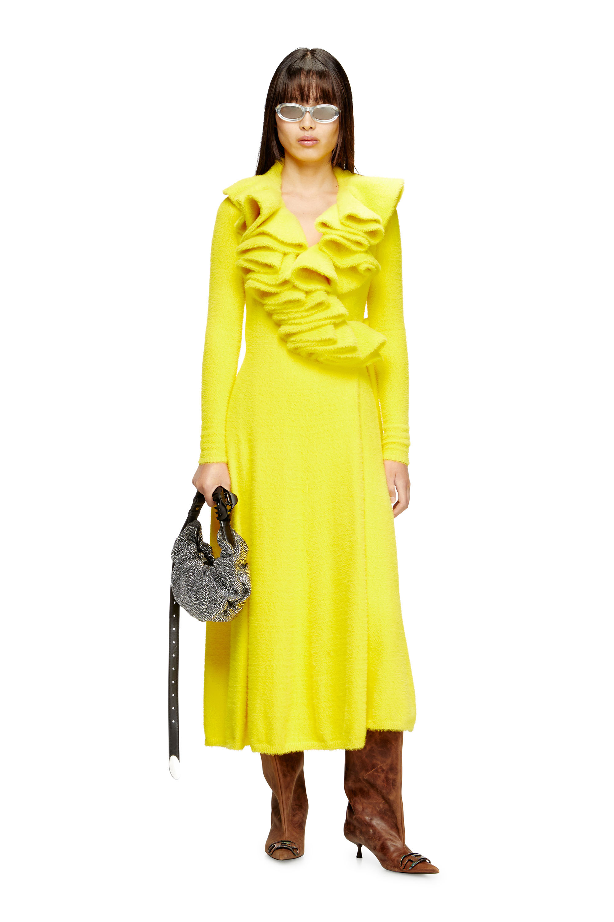 Diesel - M-INGELINA, Woman's Fluffy midi dress with ripple neck in Yellow - 1
