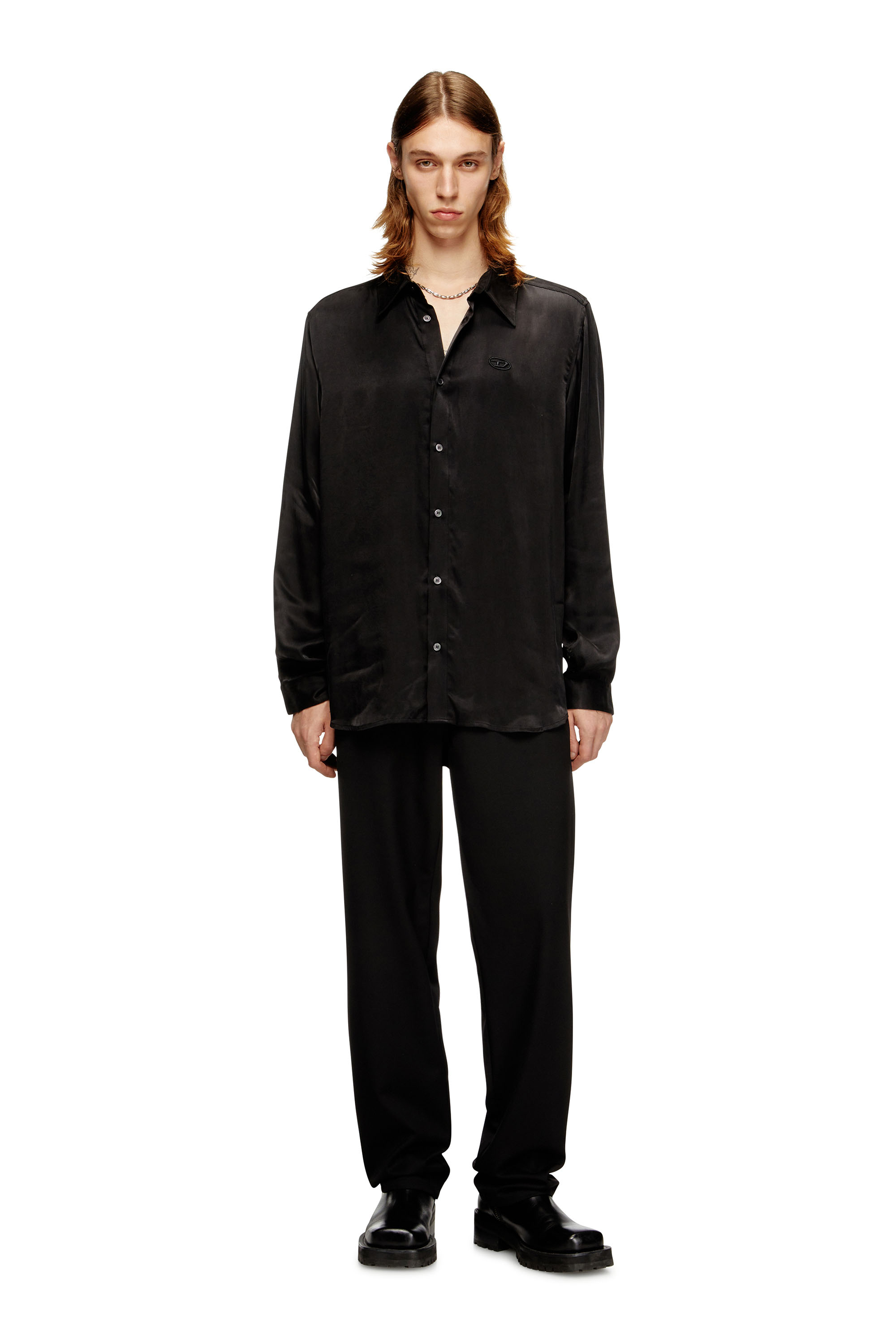 Diesel - S-SIMPLY-AJFU, Man's Cupro shirt with embroidered logo in Black - 1