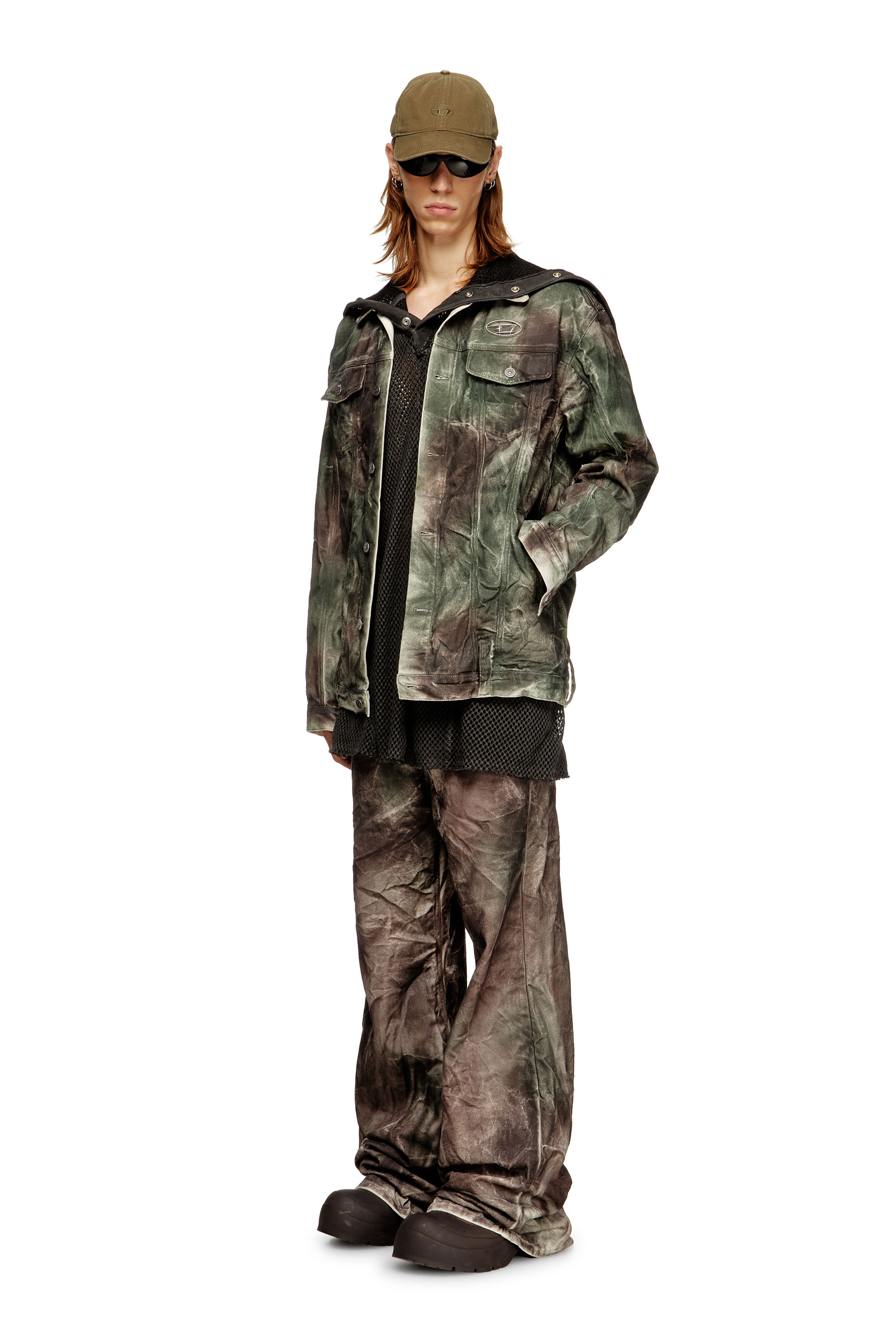 Diesel - J-THUG-JKT, Unisex's Trucker jacket in crinkled camo canvas in Brown/Green - 3