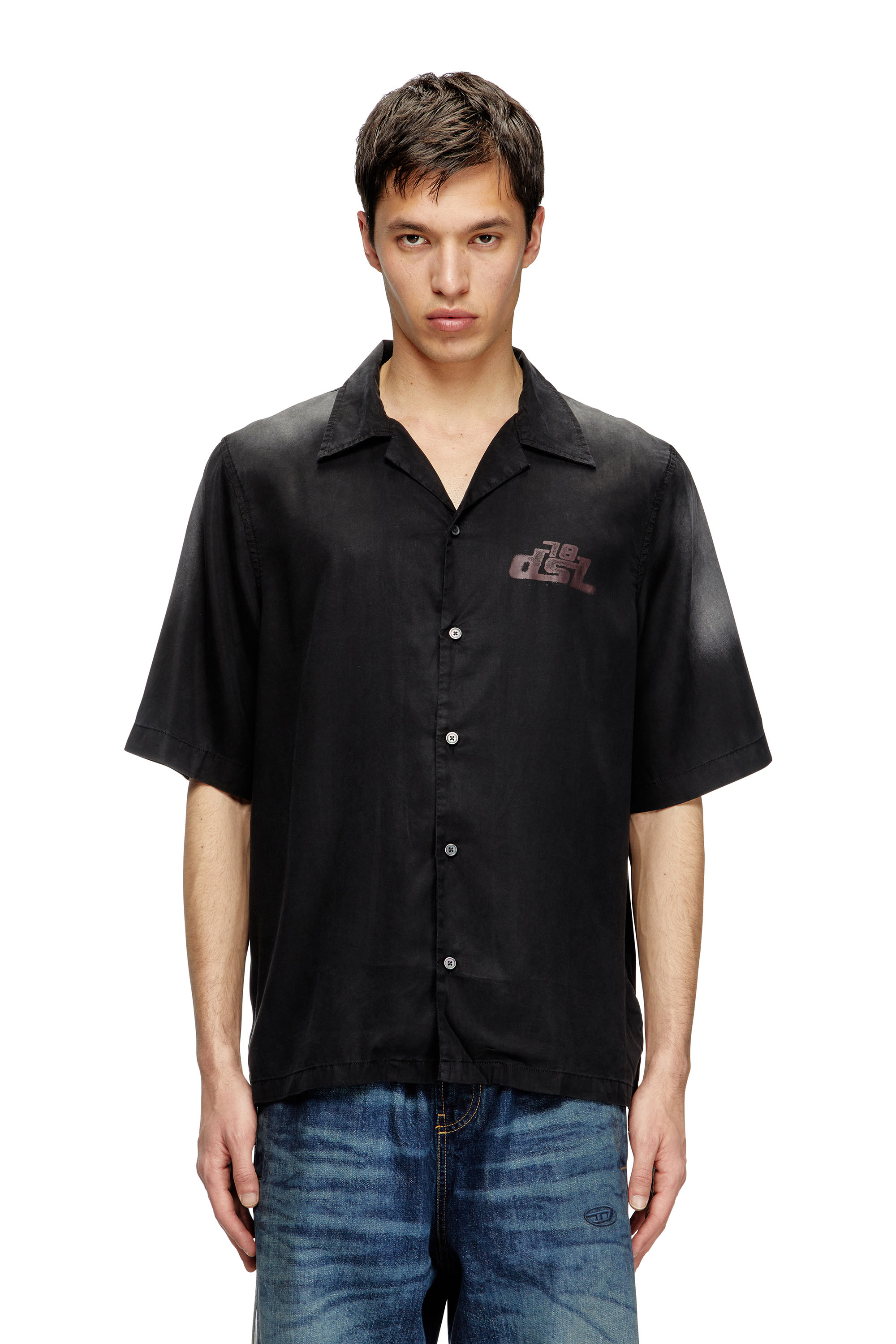 Diesel - S-ELLY, Man's Faded bowling shirt with logo prints in Black - 1