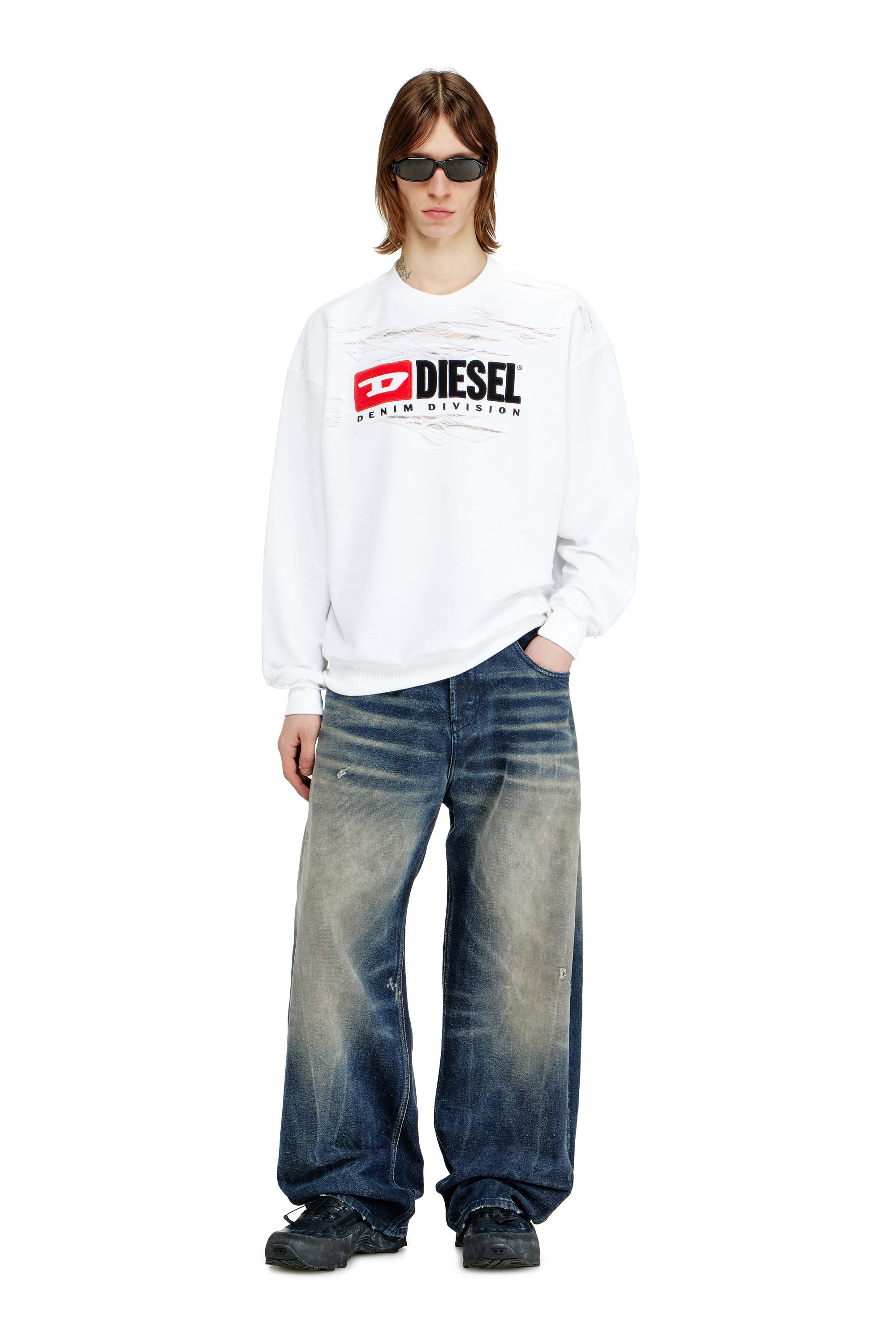 Diesel - S-BOXT-V1, Man's Sweatshirt with devor&egrave;e floating threads in White - 2