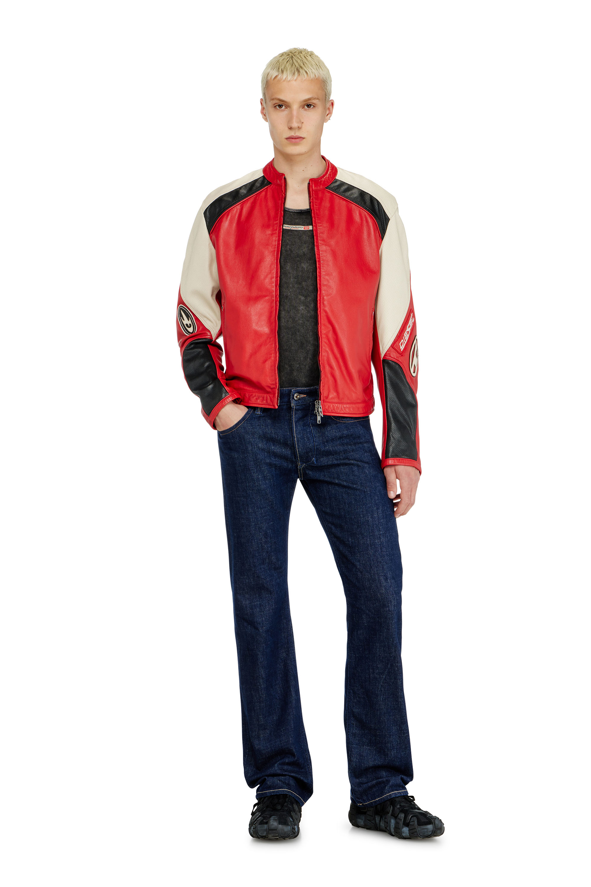 Diesel - L-AHTI, Man's Biker jacket in colour-block perforated leather in Beige/Red - 2