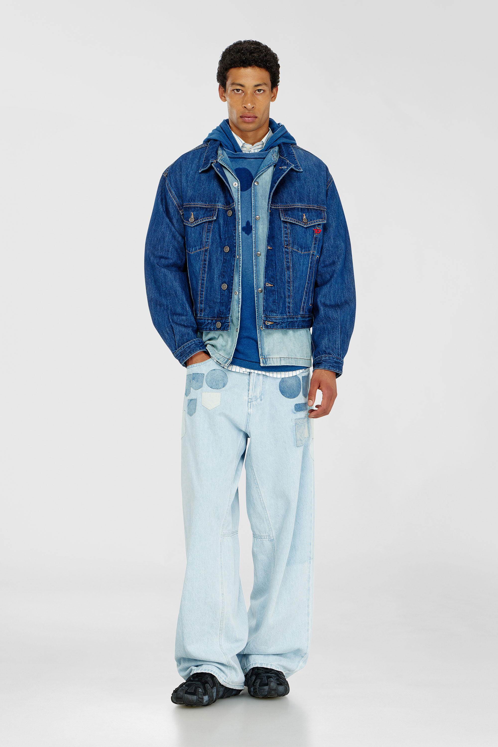 Diesel - T-NOX-LS-HOOD, Man's Hooded long-sleeve T-shirt with shadow-effect patches in Medium blue - 1