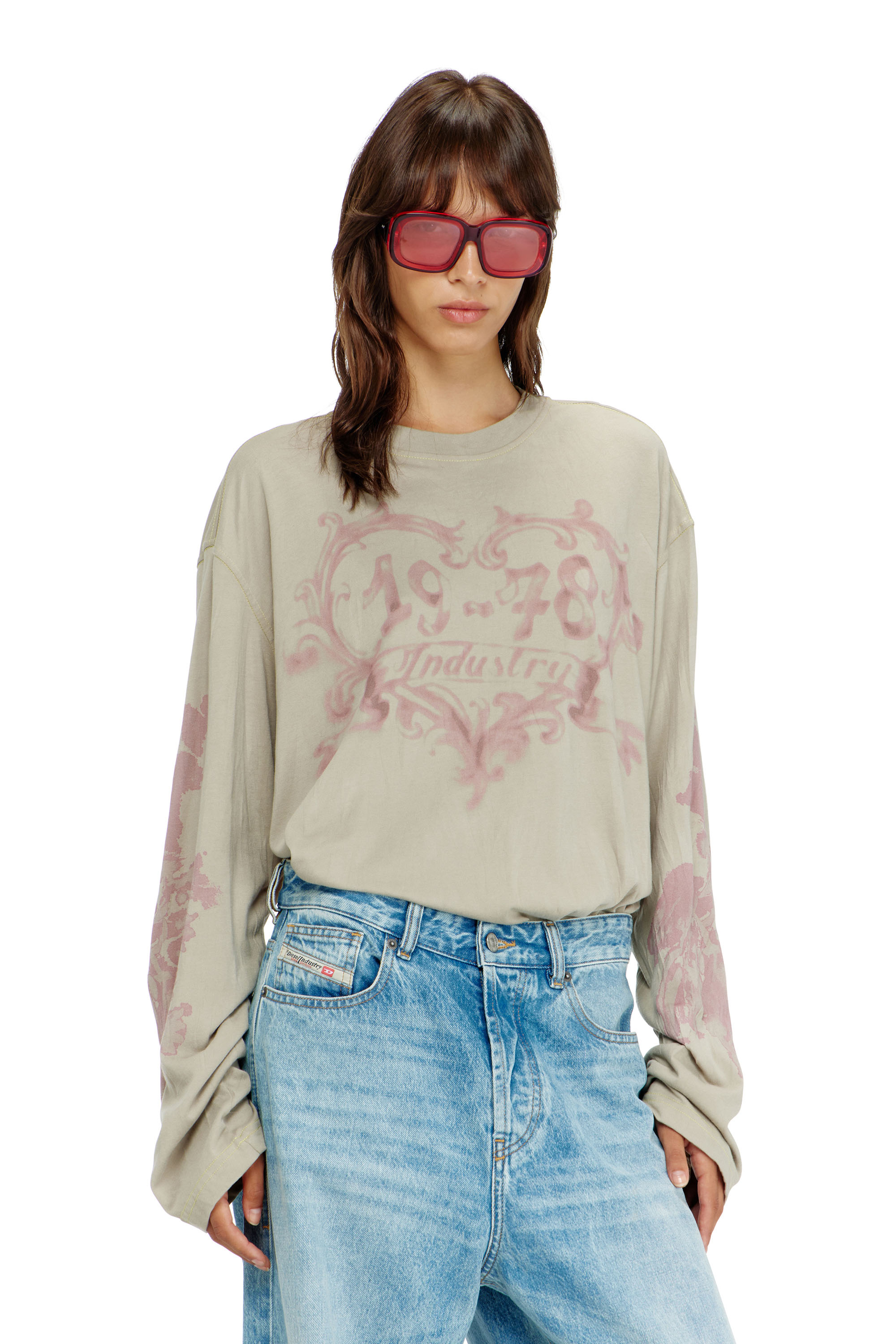 Diesel - T-HILARY-LS-AA1, Woman's Cotton long-sleeve T-shirt with graphic print in Pink/Beige - 3