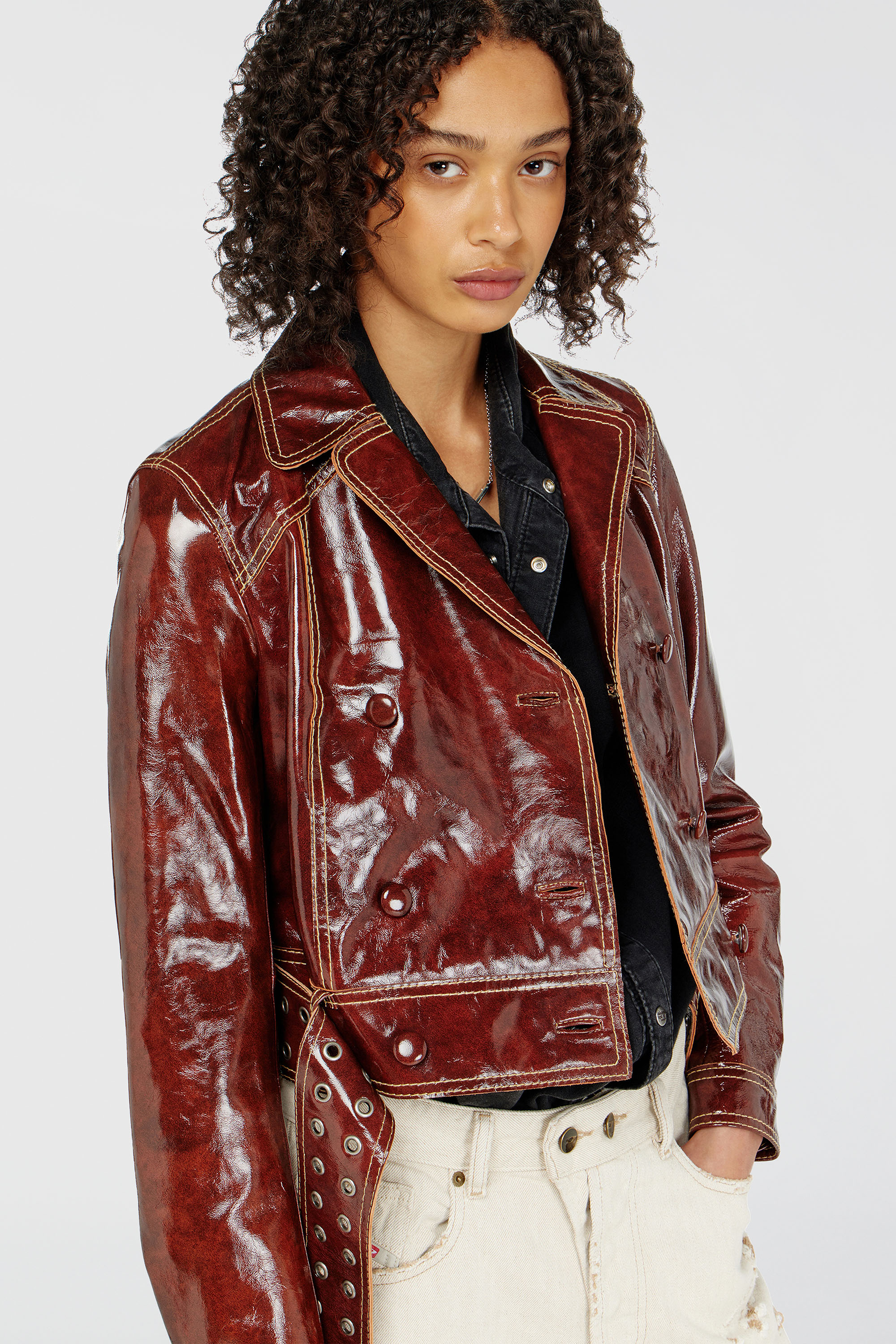 Diesel - L-EGEND, Woman's Patent-leather jacket with large belt in Brown - 6