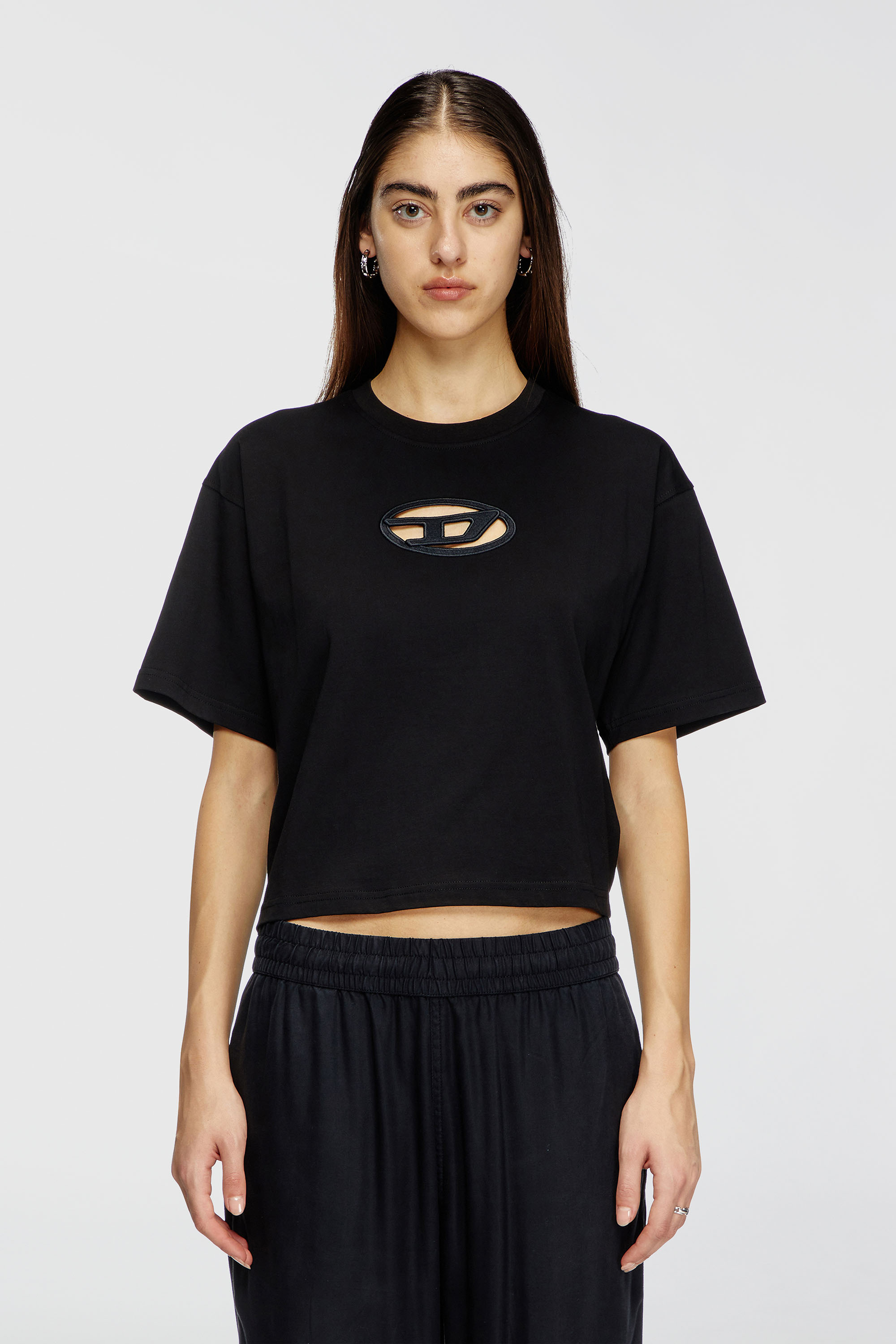 Diesel - T-BUXT-CROP-OD, Woman's Boxy T-shirt with cut-out Oval D logo in Black - 1