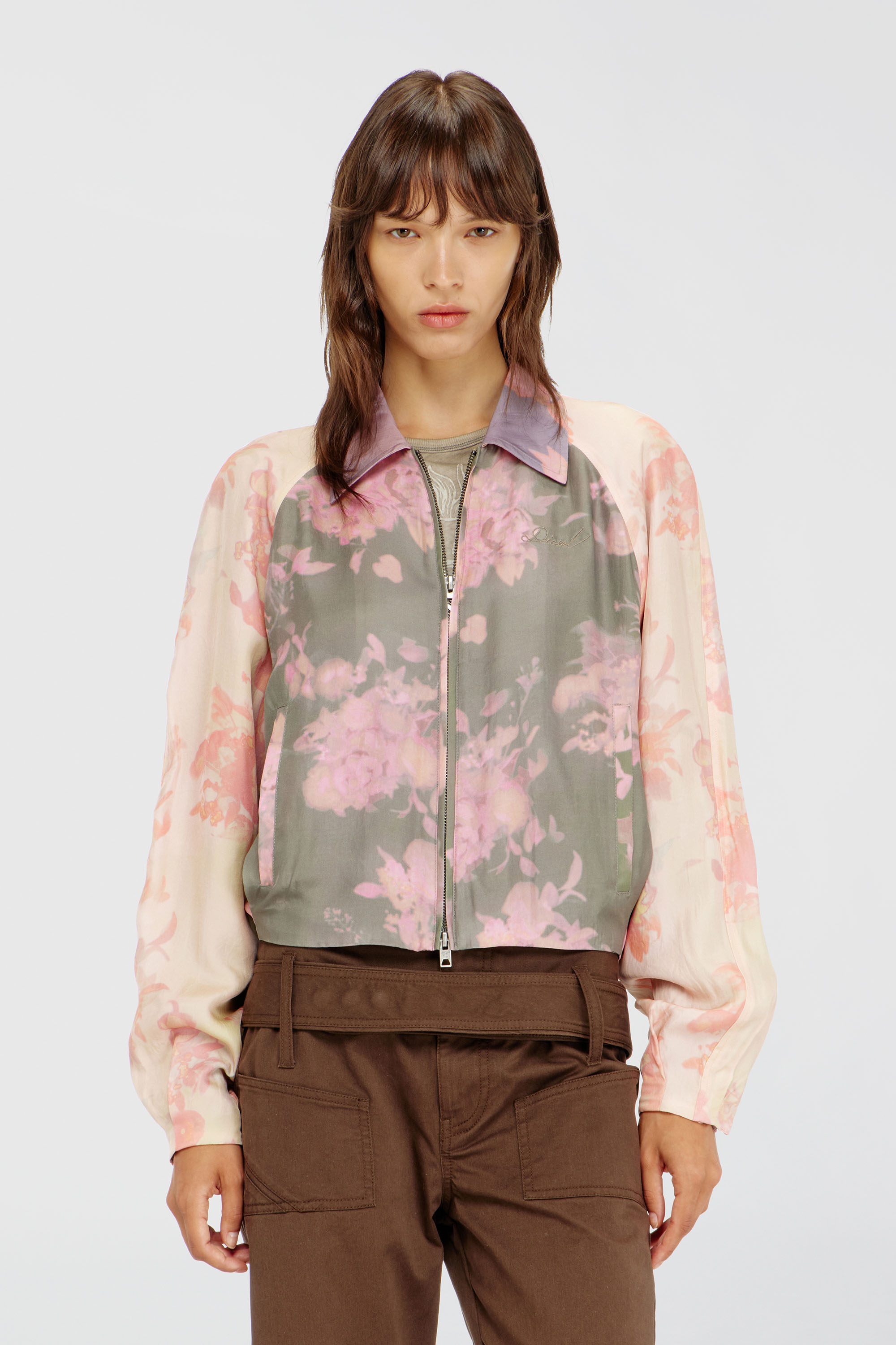 Diesel - G-ALENA, Woman's Floral bomber jacket in crinkled acetate in Green/Pink - 3