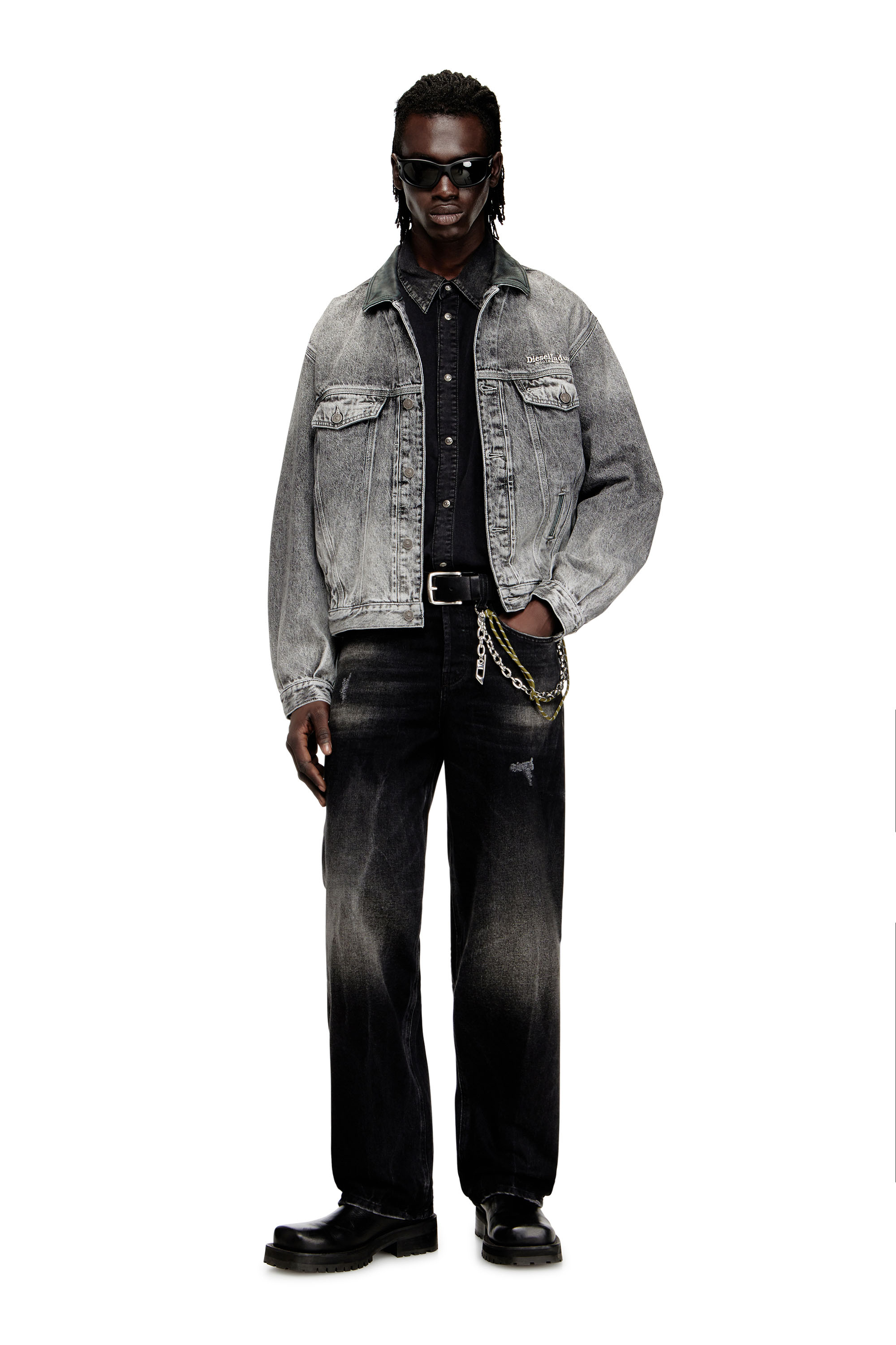 Diesel - D-DENVER-S, Unisex's Denim trucker jacket with tonal leather trims in null - 3