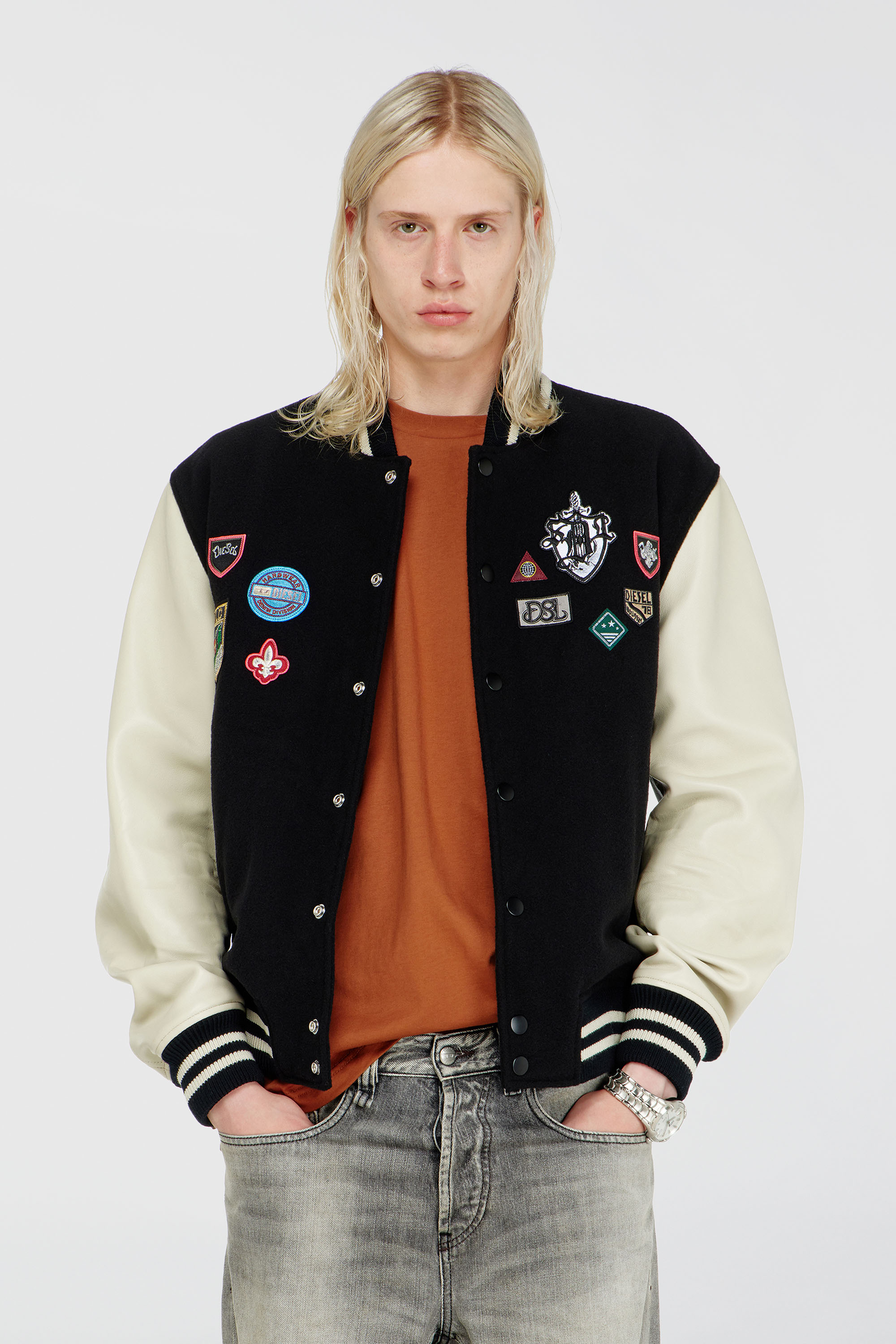 Diesel - L-ARRY-PATCH, Man's Wool and leather bomber jacket with patches in White/Black - 3