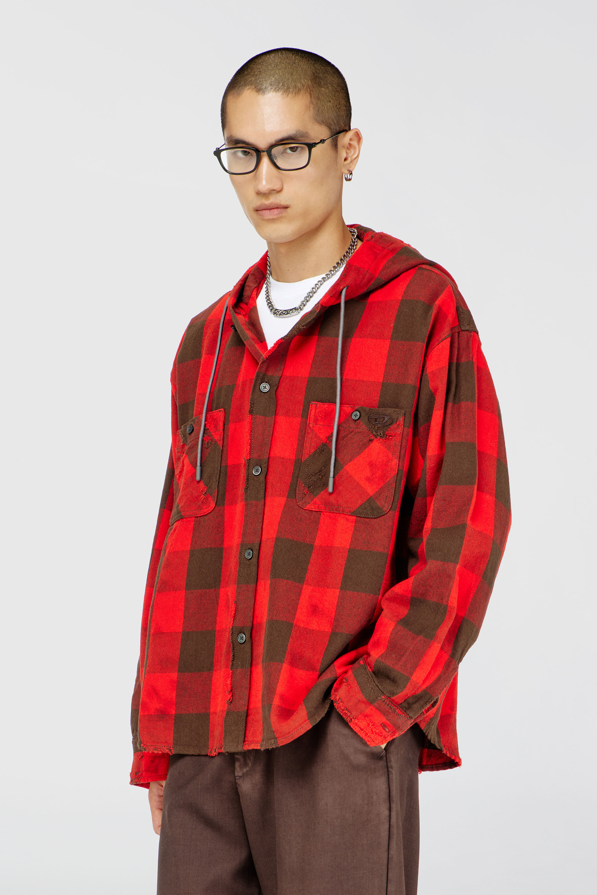 Diesel - S-DRUM-HOODY, Man's Distressed hooded shirt in check flannel in Brown/Red - 3